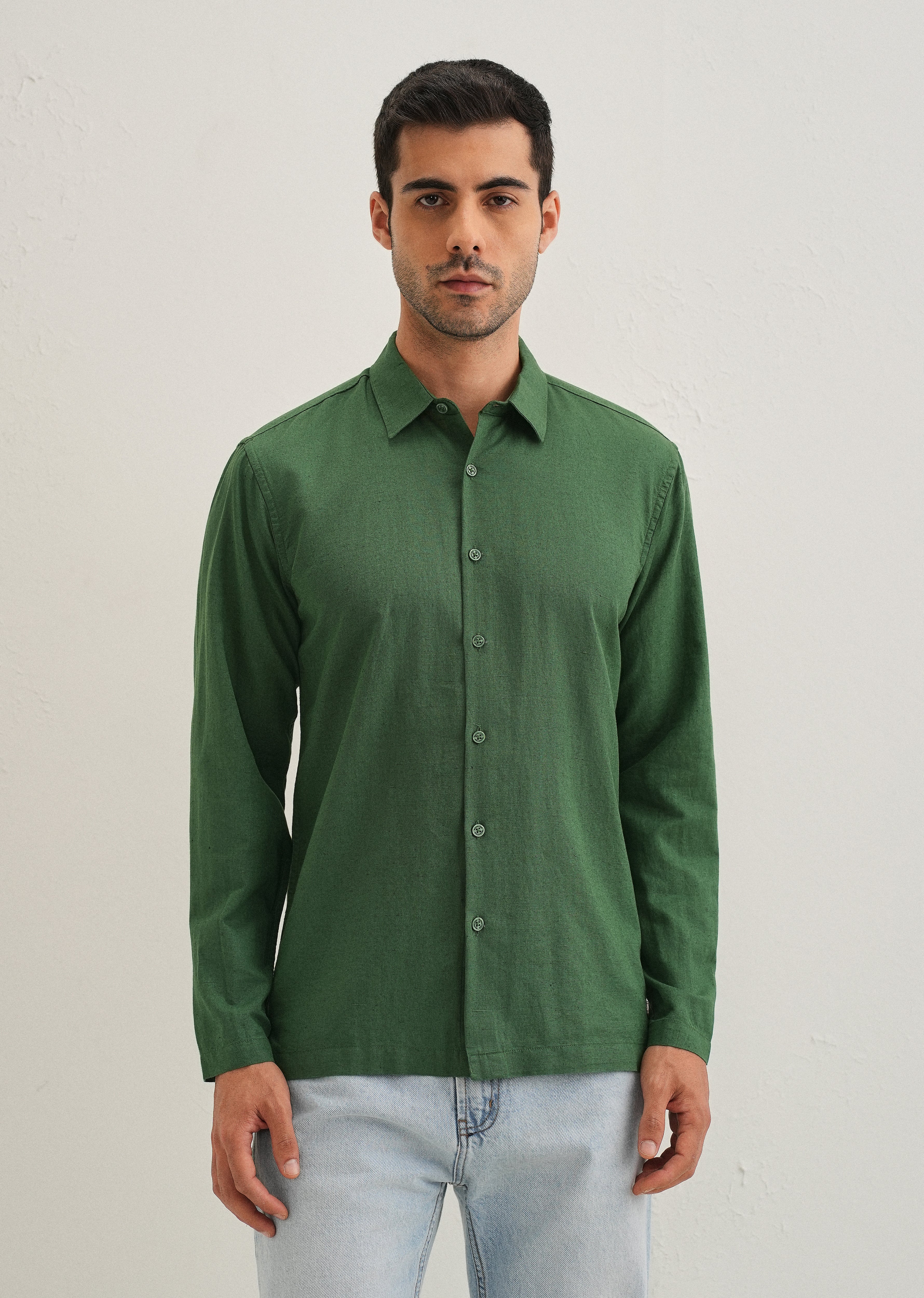 Green Hidden Sleeve Placket Cotton Linen Shirt