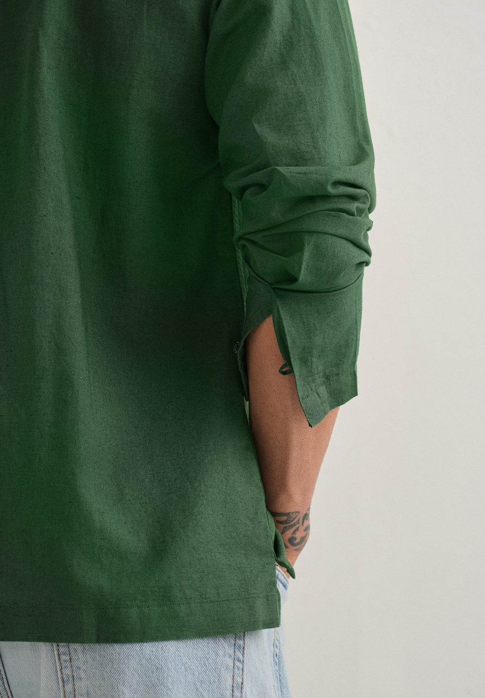 Green Hidden Sleeve Placket Cotton Linen Shirt