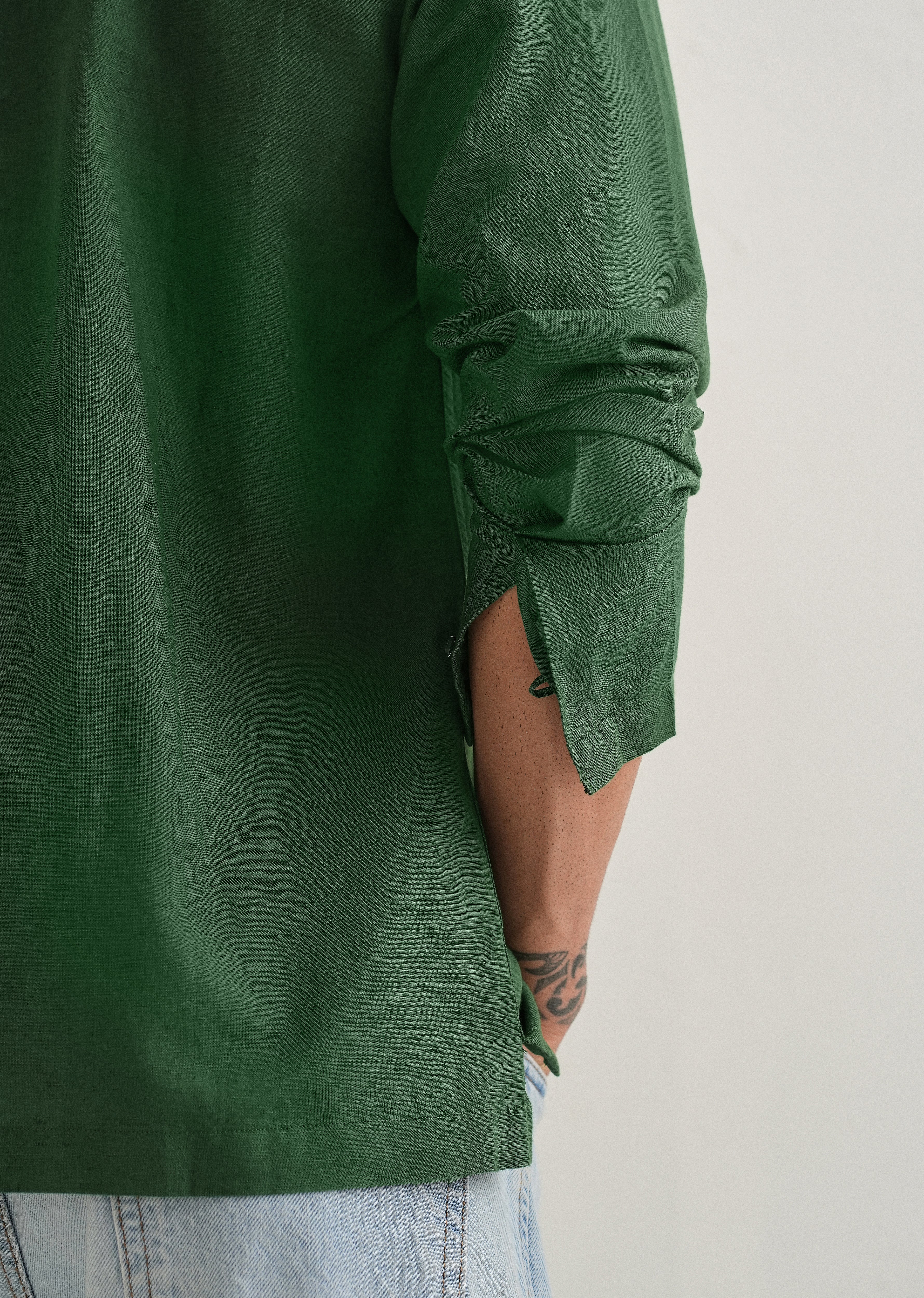Green Hidden Sleeve Placket Cotton Linen Shirt