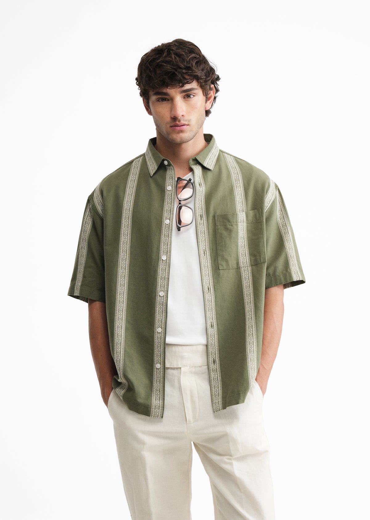 Green Jacquard Stripe Cotton Shirt
