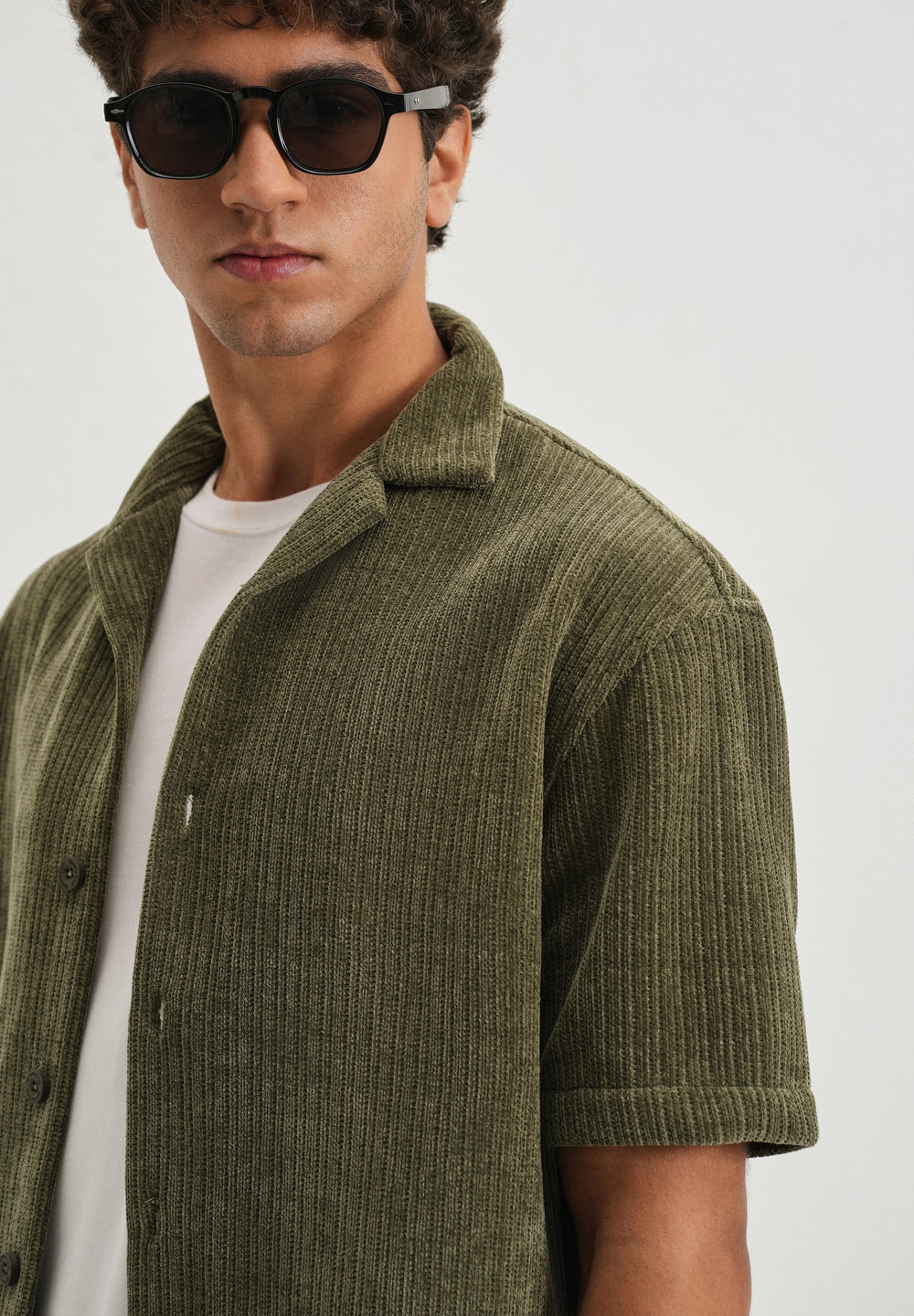 Green Suede Knit Cuban Collar Shirt