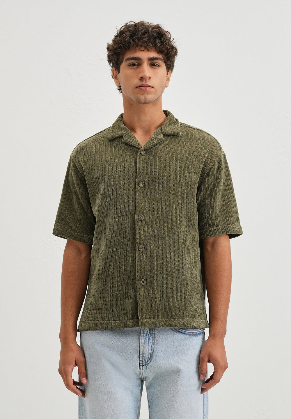 Green Suede Knit Cuban Collar Shirt