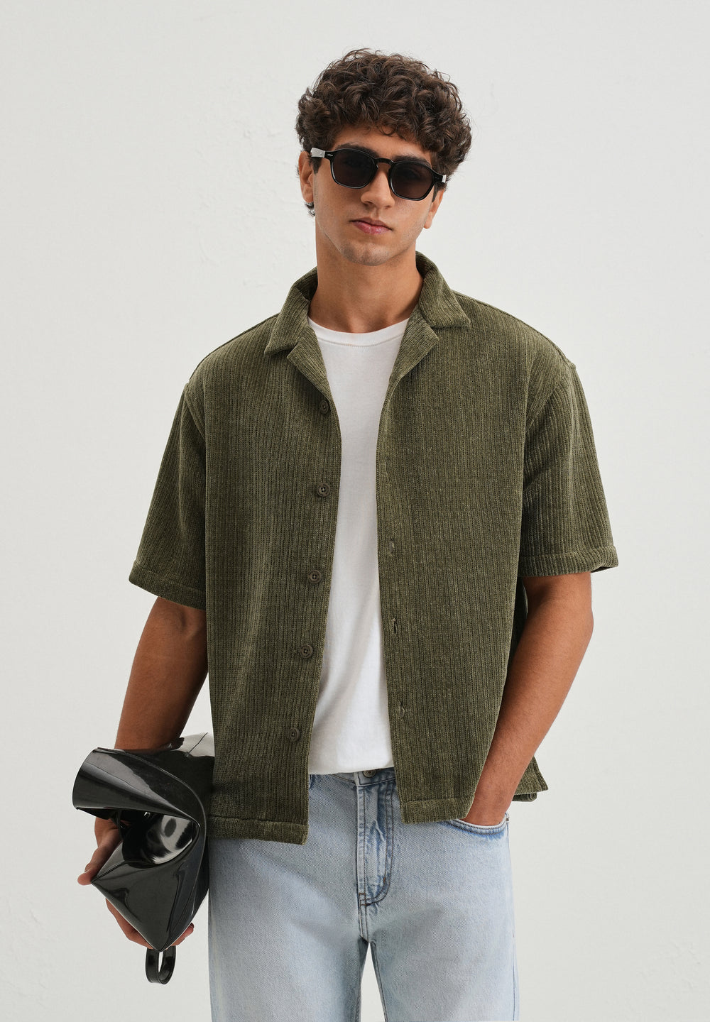 Green Suede Knit Cuban Collar Shirt