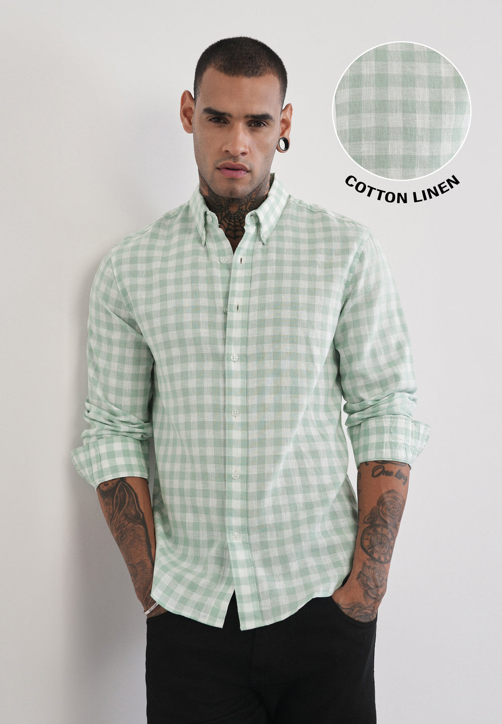 Green Lyocell Linen Blend Check Shirt