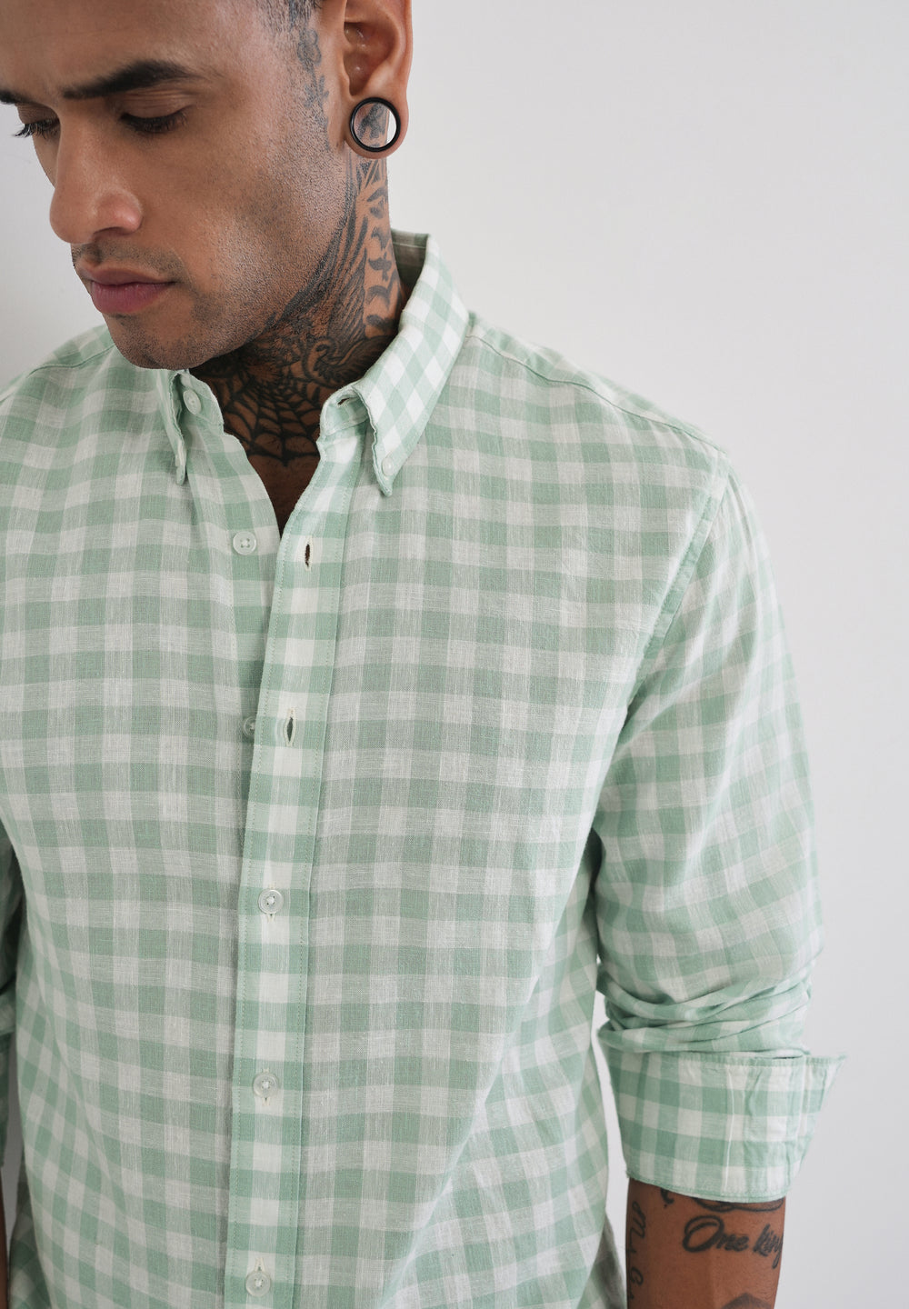 Green Lyocell Linen Blend Check Shirt