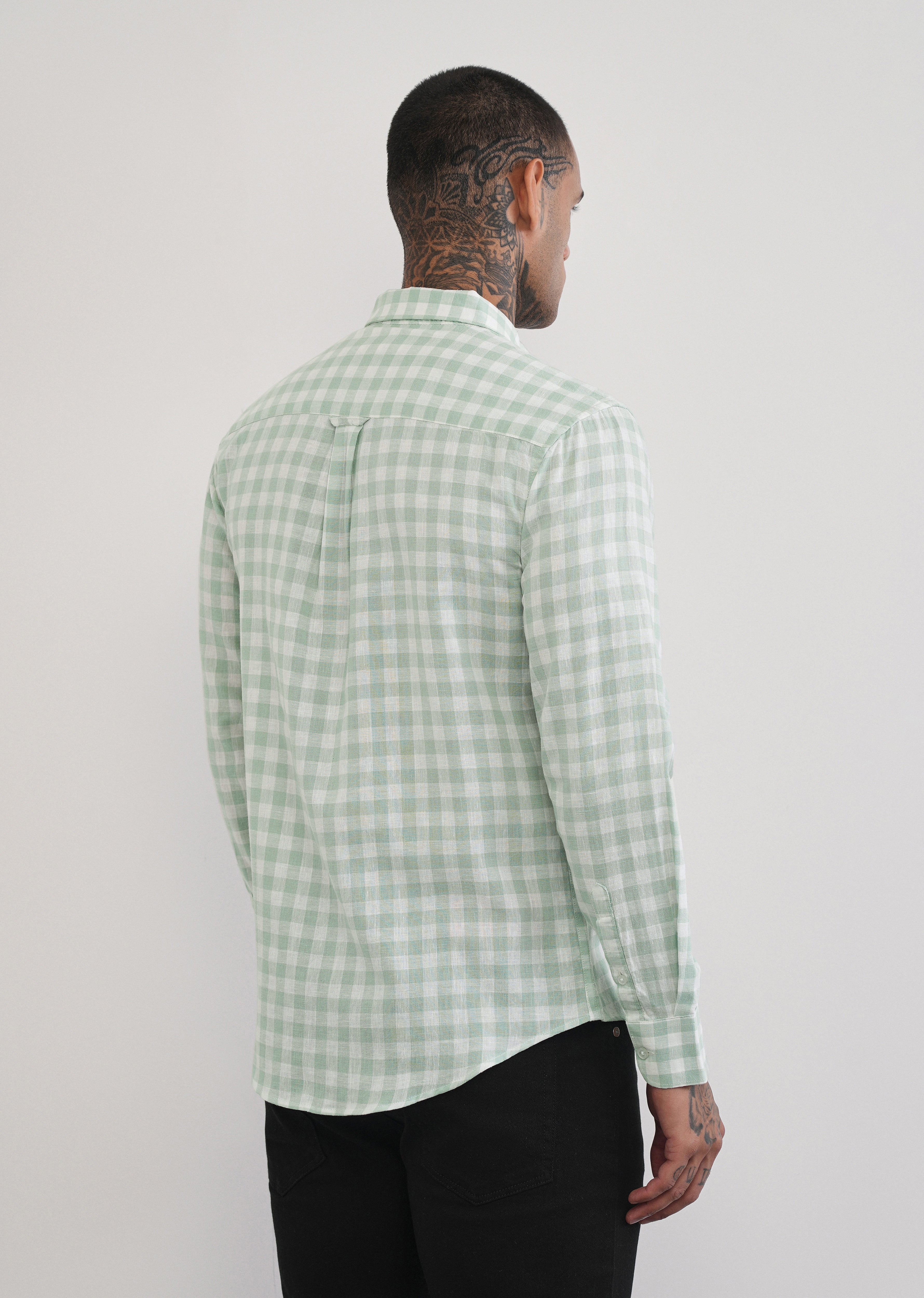 Green Lyocell Linen Blend Check Shirt