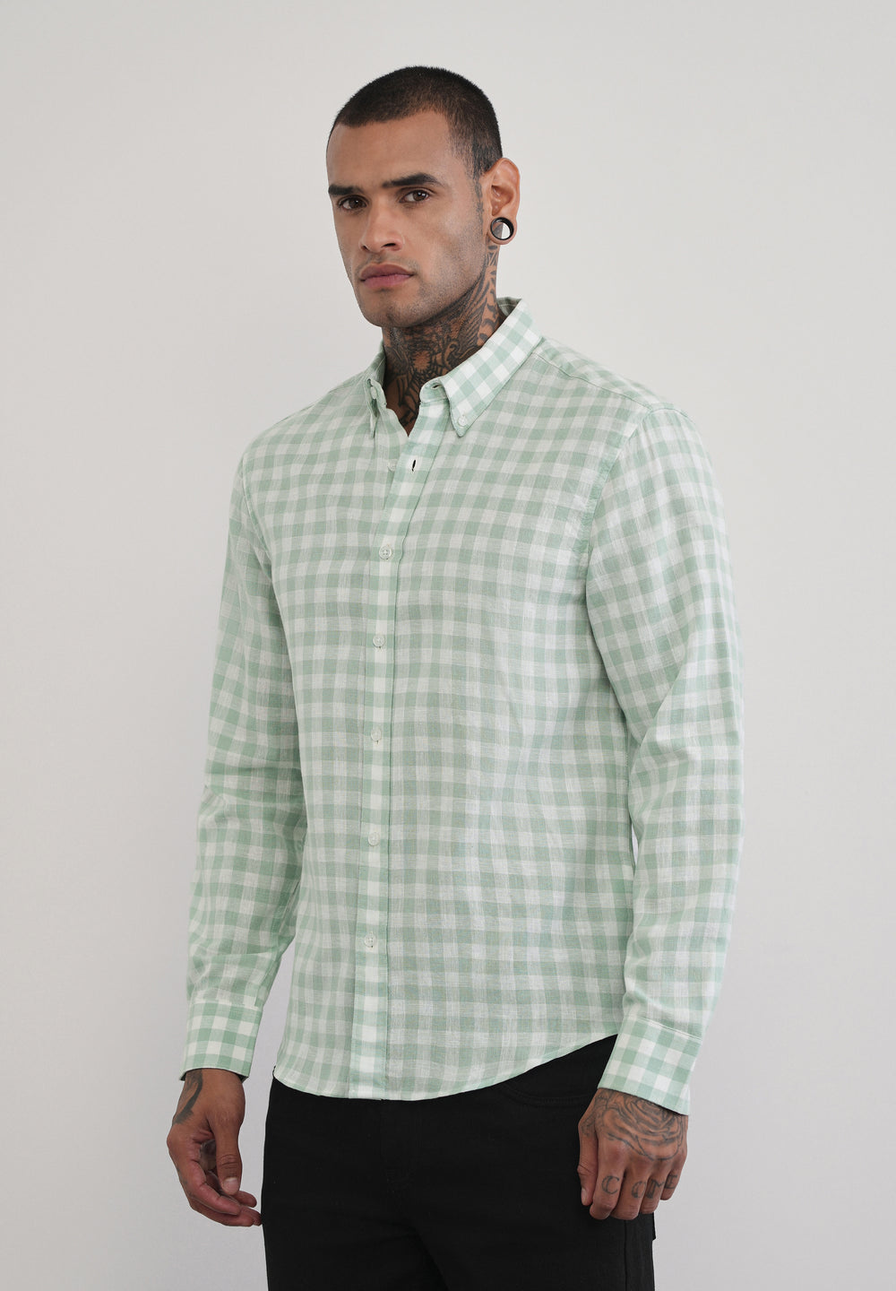 Green Lyocell Linen Blend Check Shirt