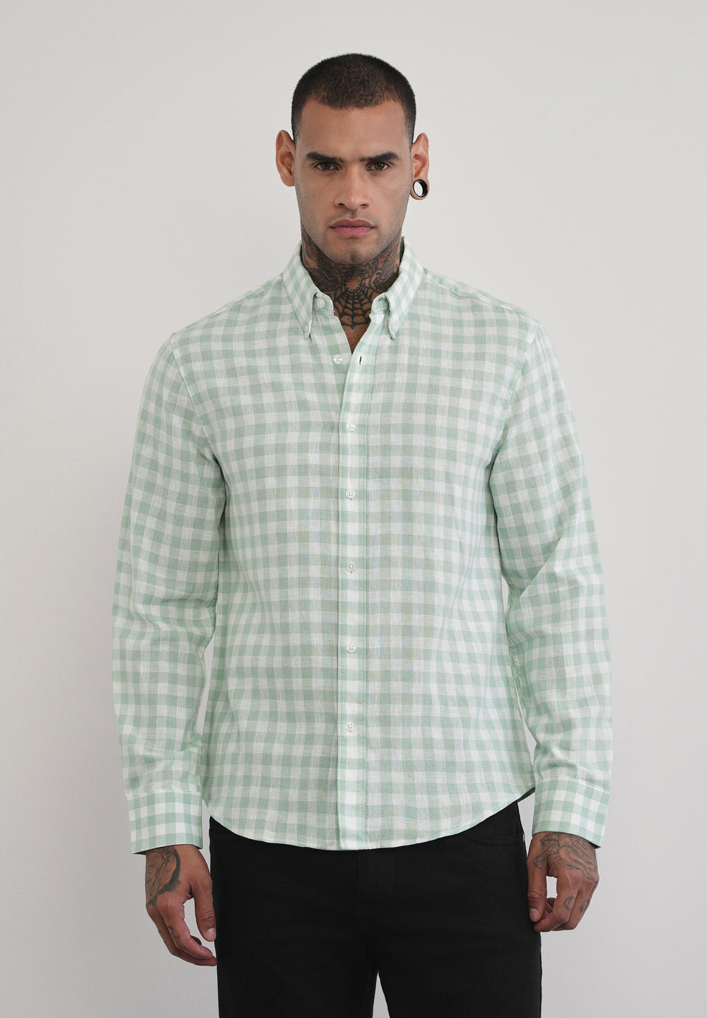 Green Lyocell Linen Blend Check Shirt