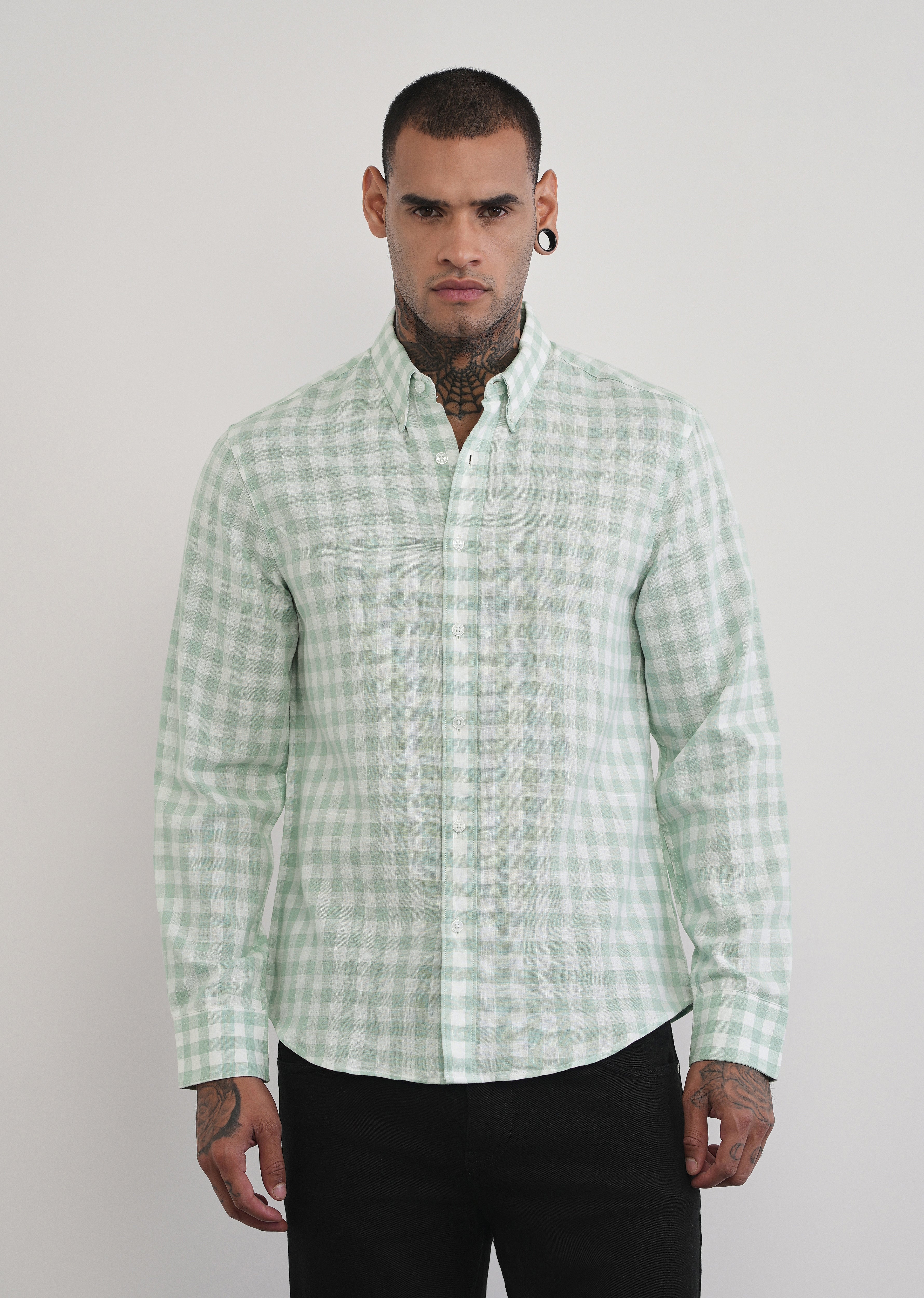 Green Lyocell Linen Blend Check Shirt