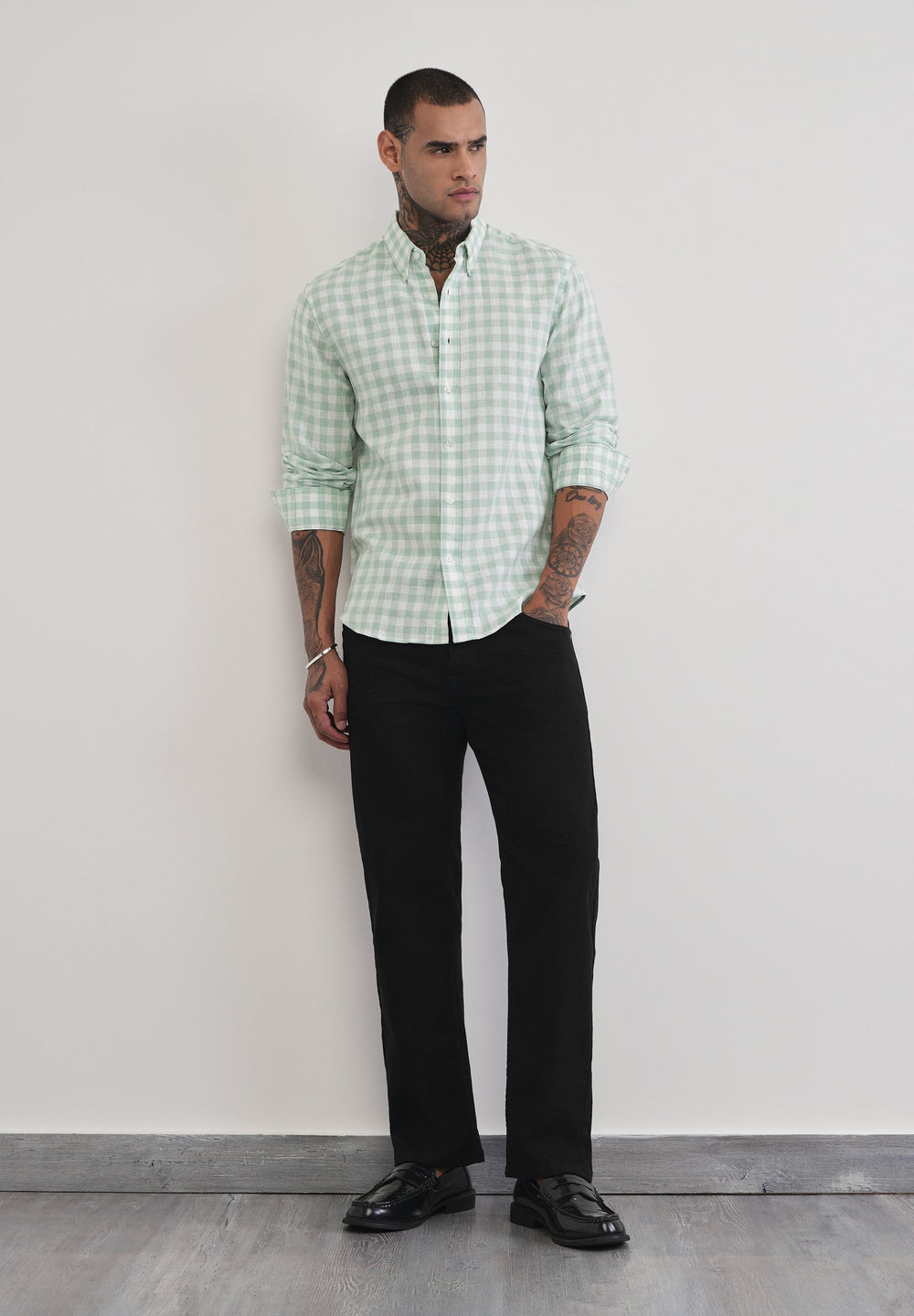 Green Lyocell Linen Blend Check Shirt