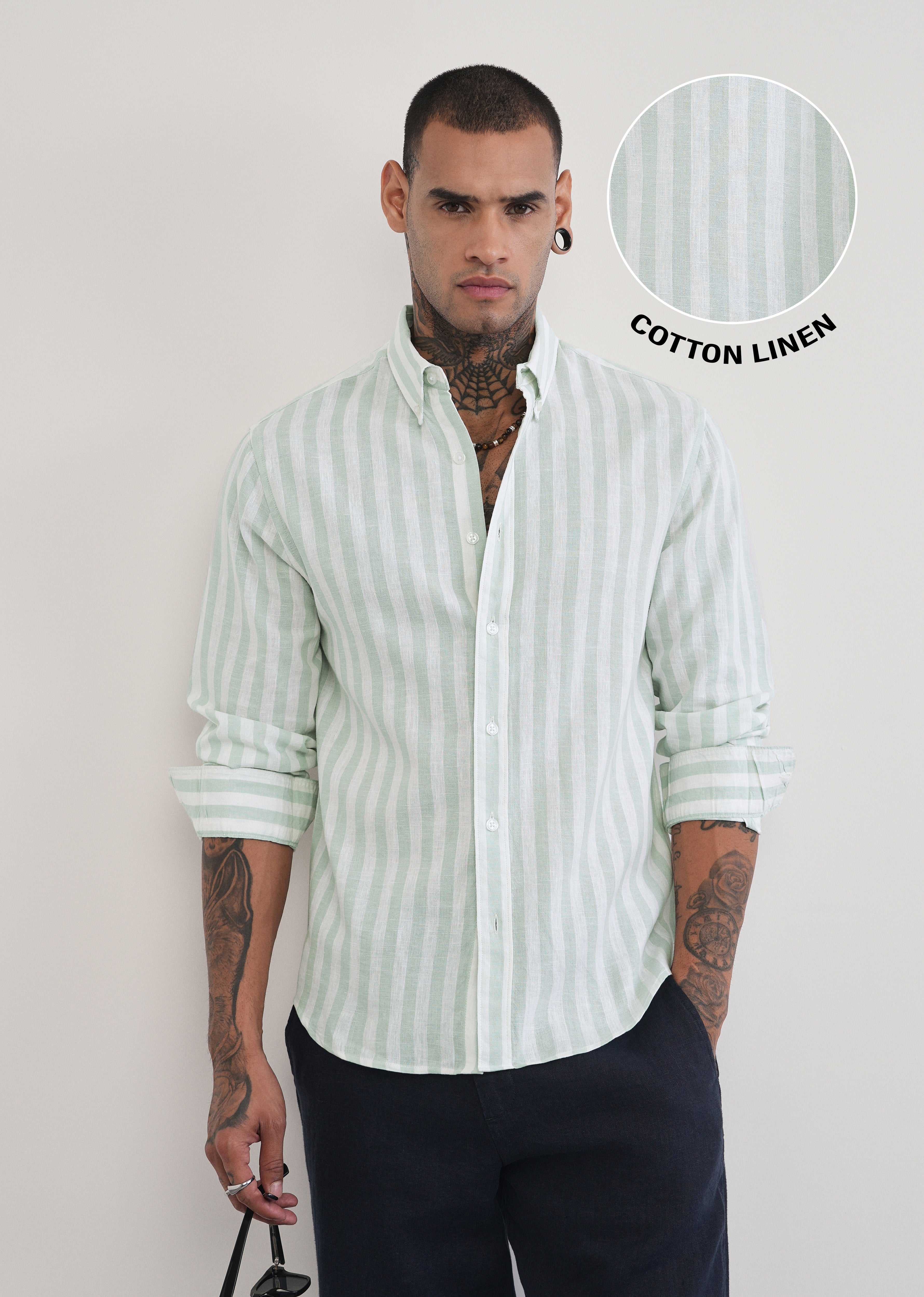 Green Lyocell Linen Blend Stripe Shirt