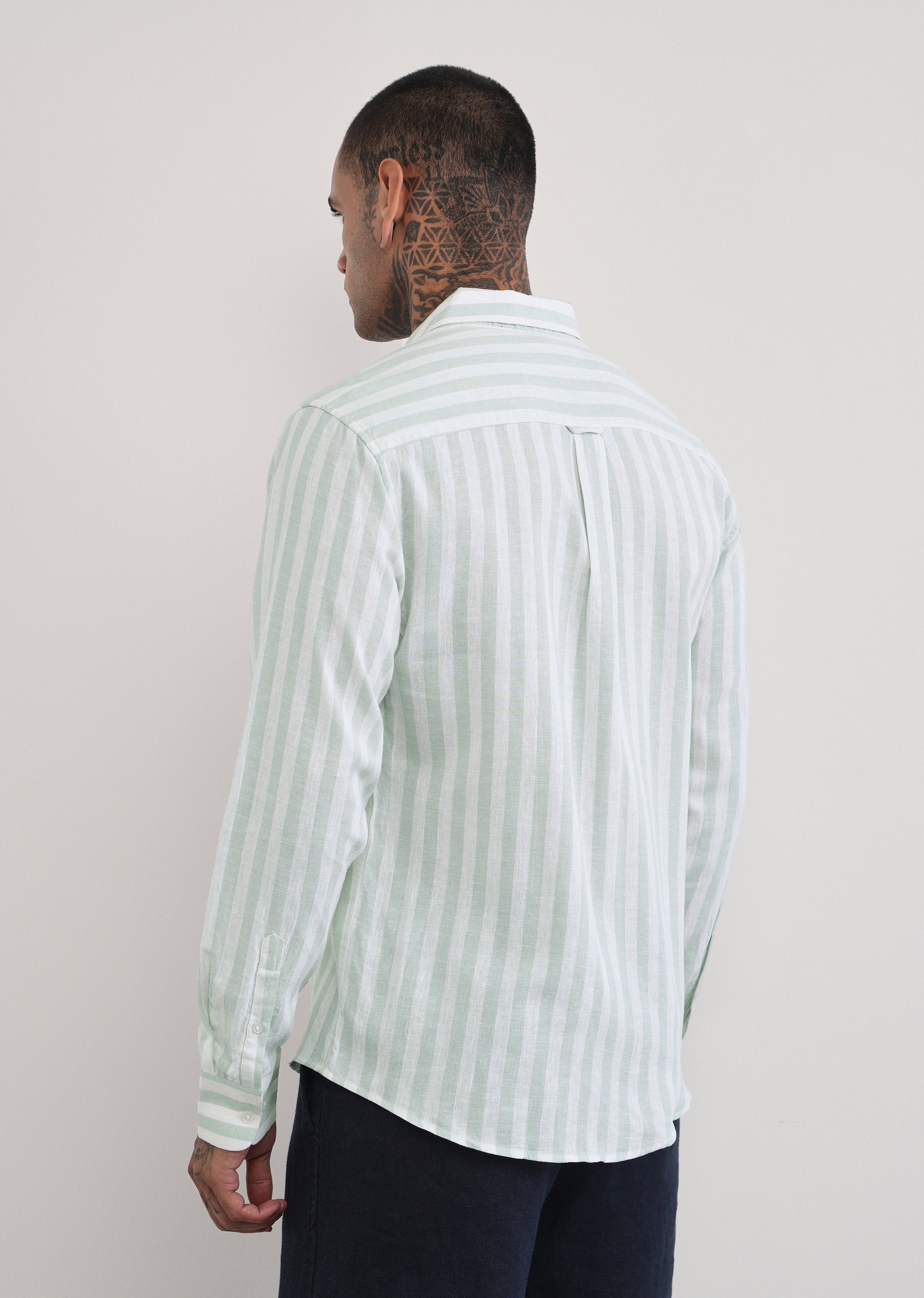 Green Lyocell Linen Blend Stripe Shirt