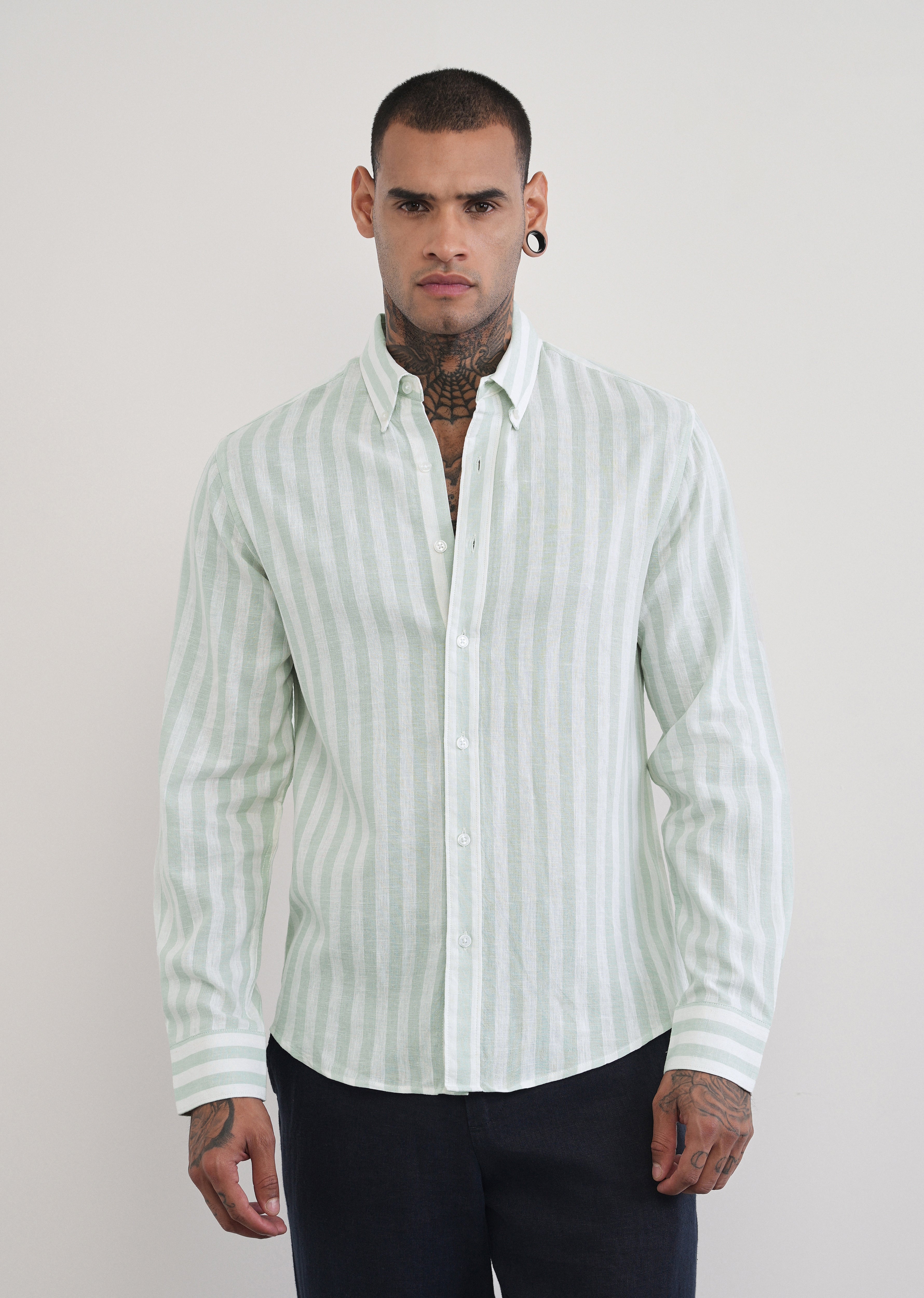 Green Lyocell Linen Blend Stripe Shirt