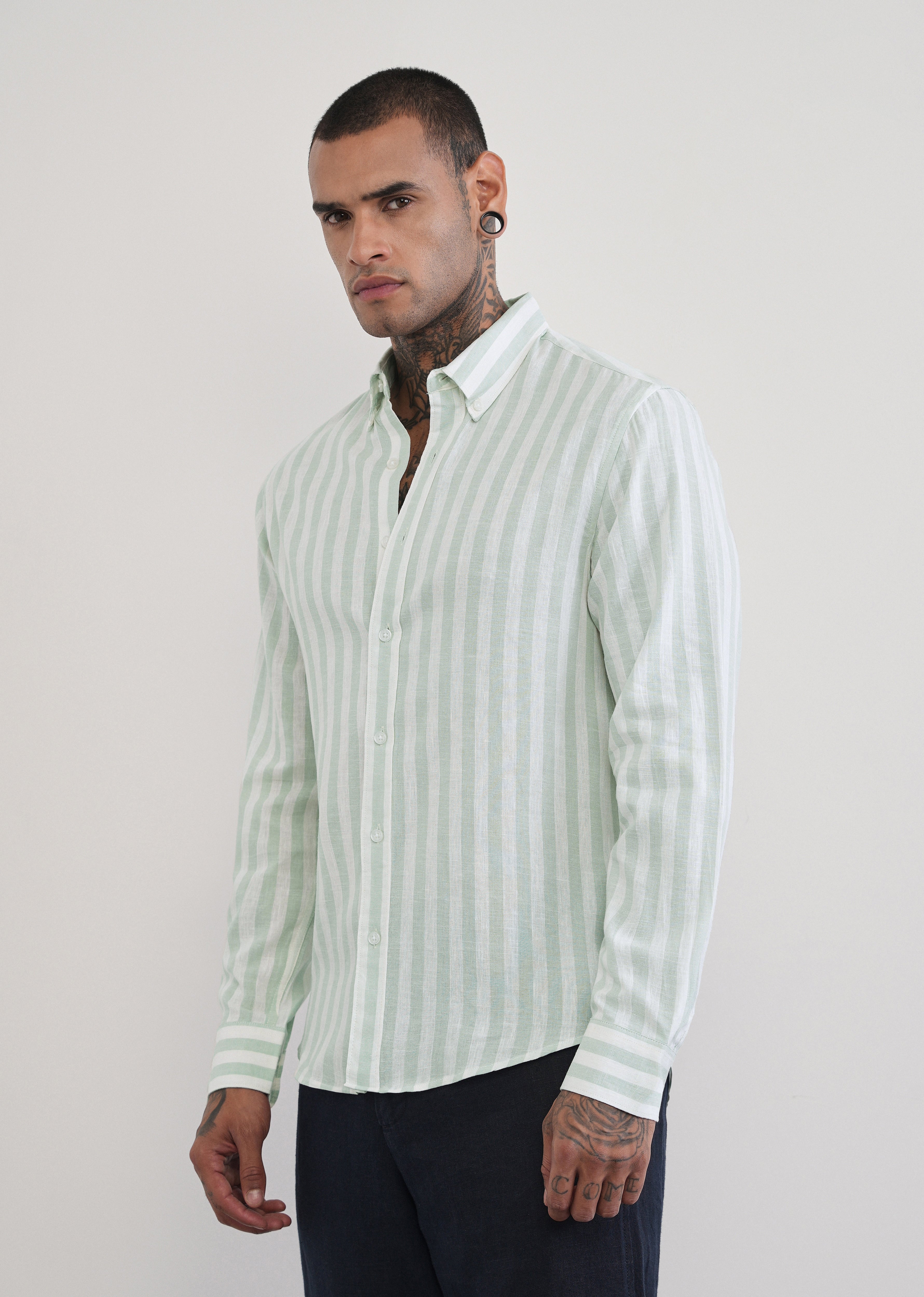 Green Lyocell Linen Blend Stripe Shirt