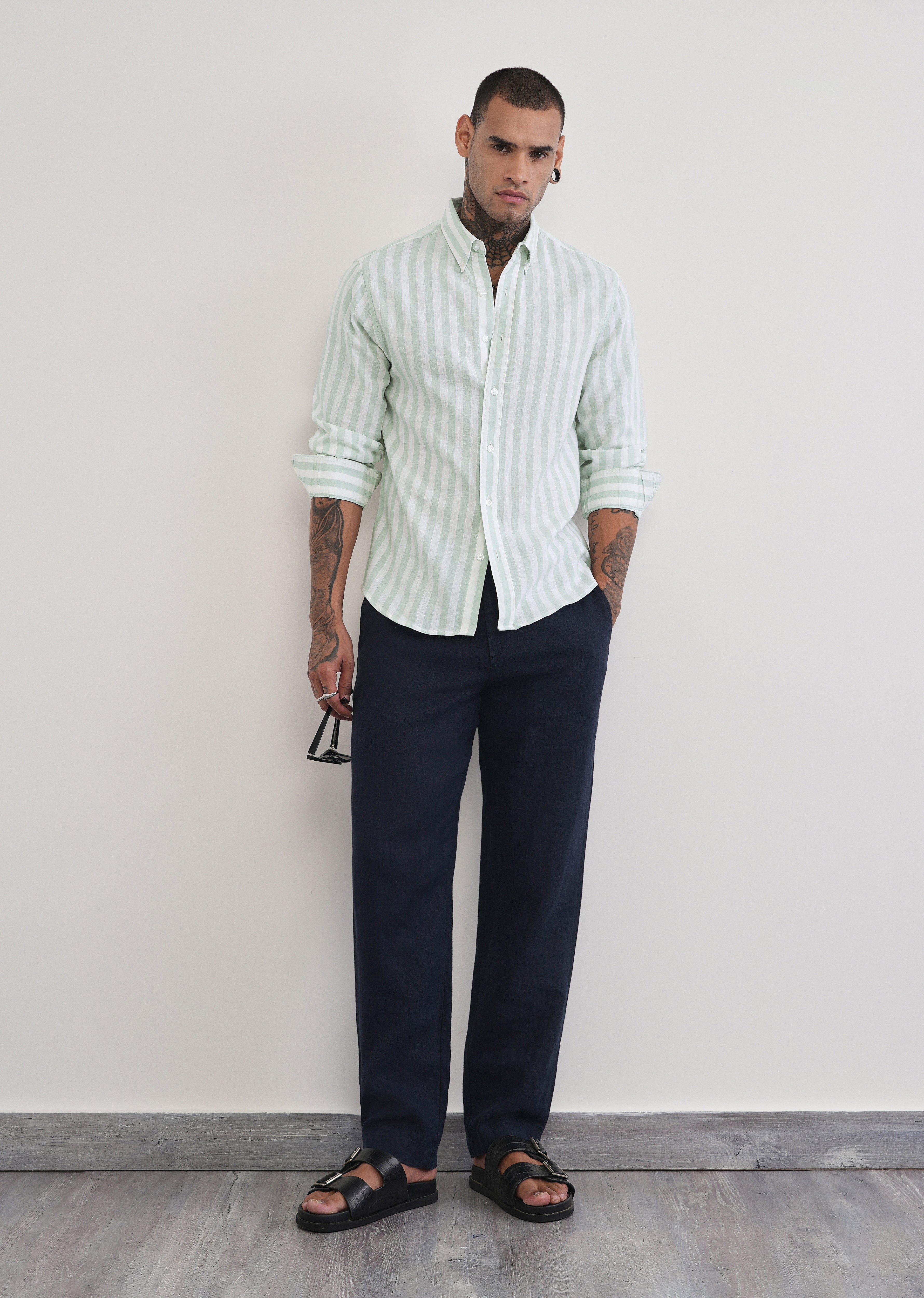 Green Lyocell Linen Blend Stripe Shirt