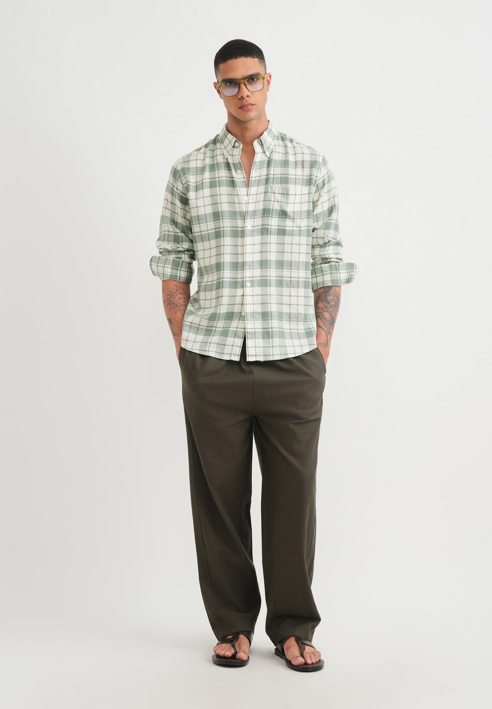 Green Lyocell Linen Check Shirt