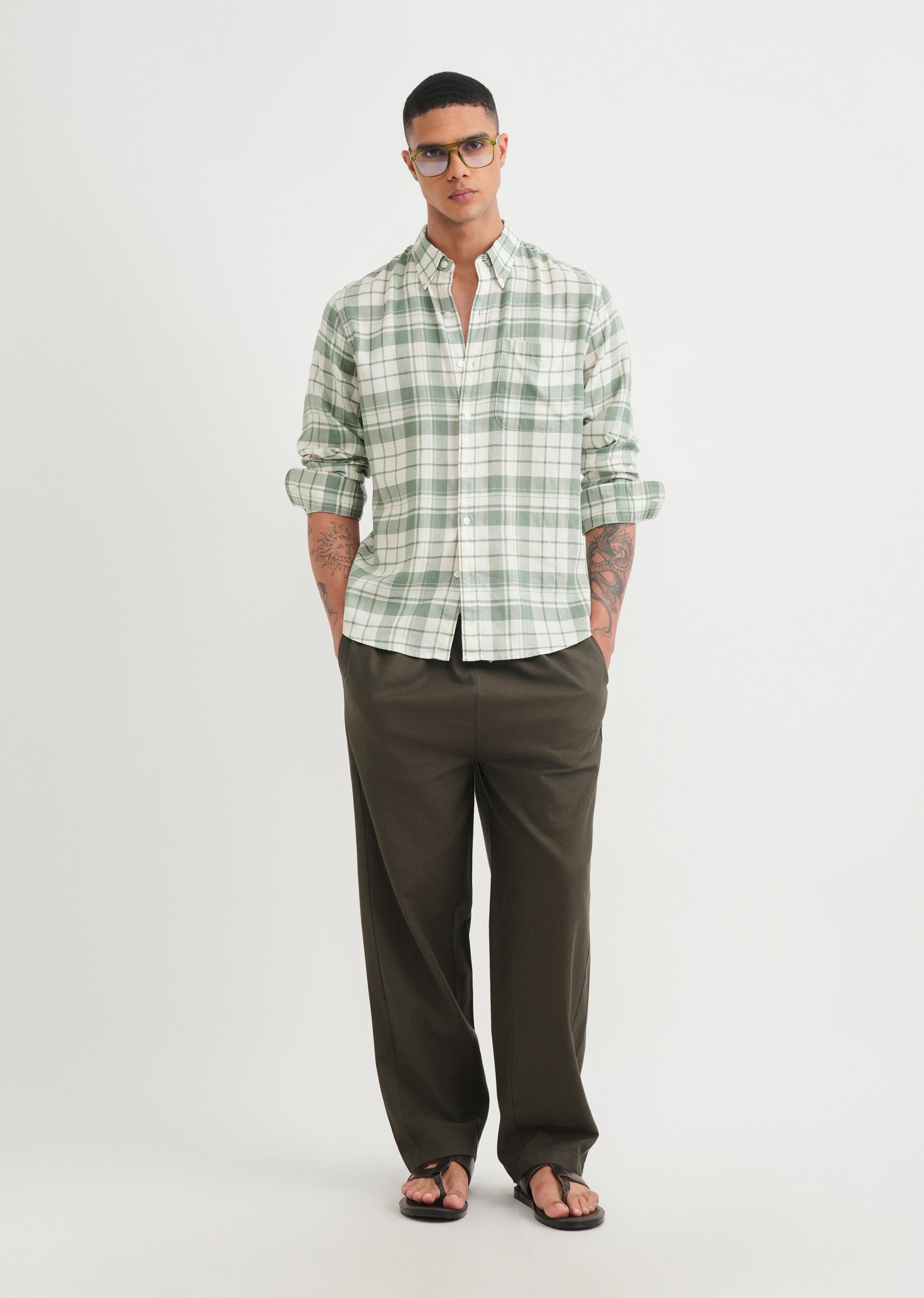 Green Lyocell Linen Check Shirt