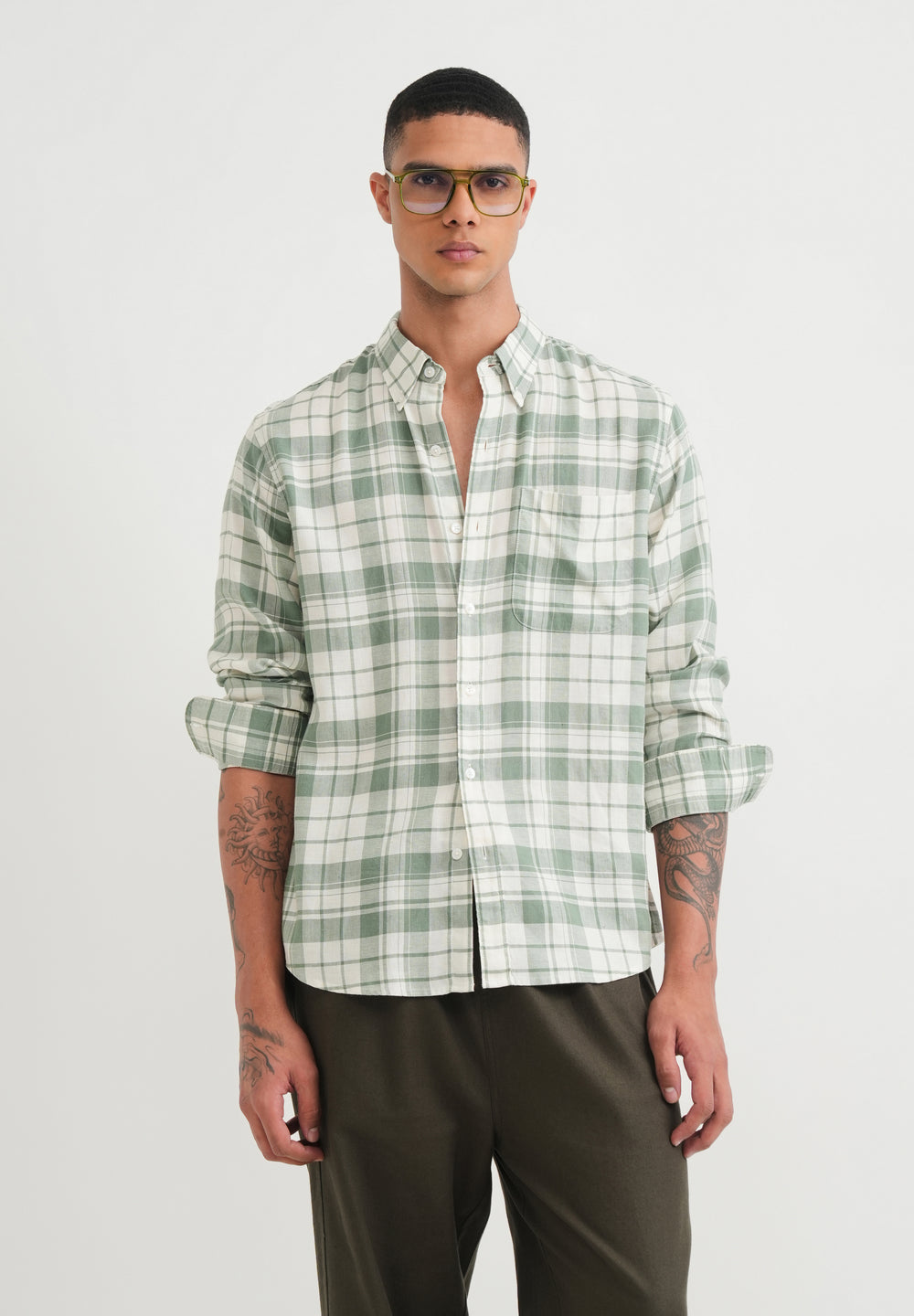 Green Lyocell Linen Check Shirt
