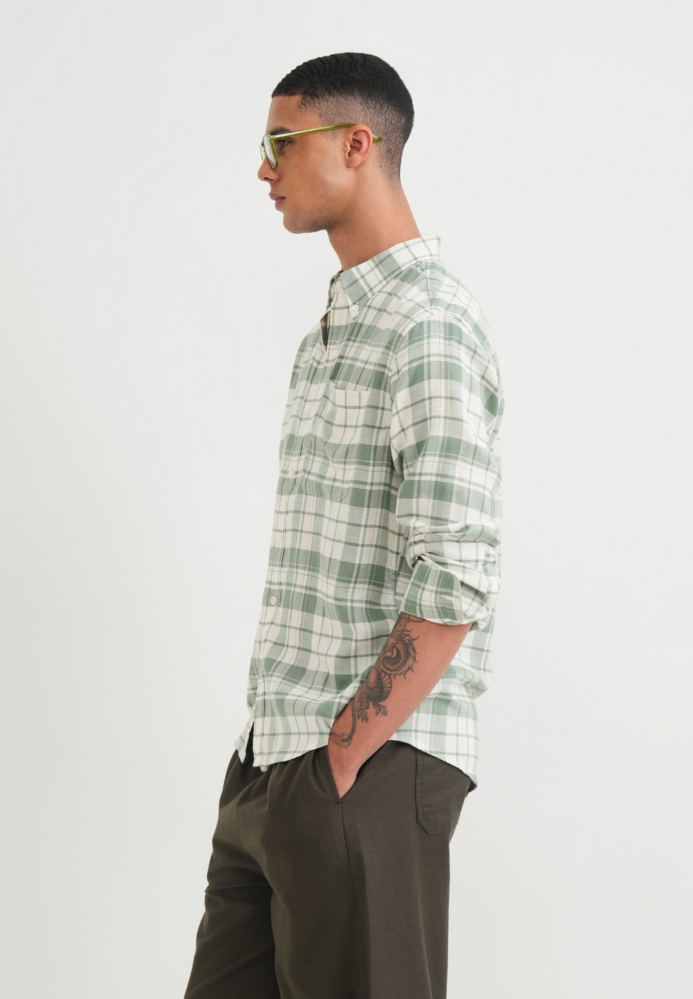 Green Lyocell Linen Check Shirt