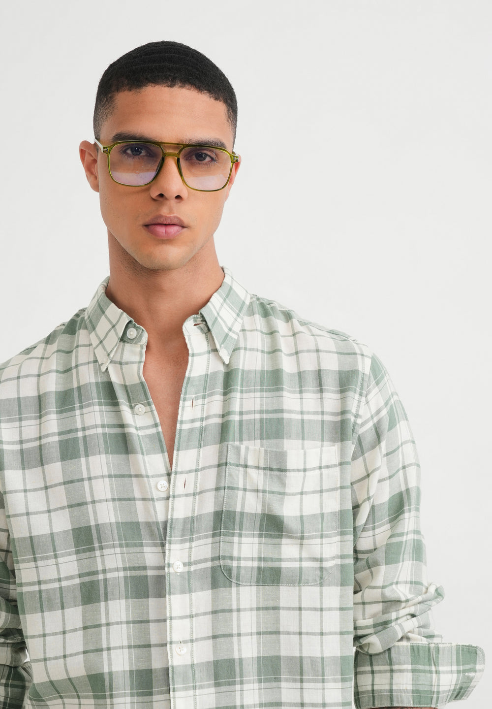 Green Lyocell Linen Check Shirt