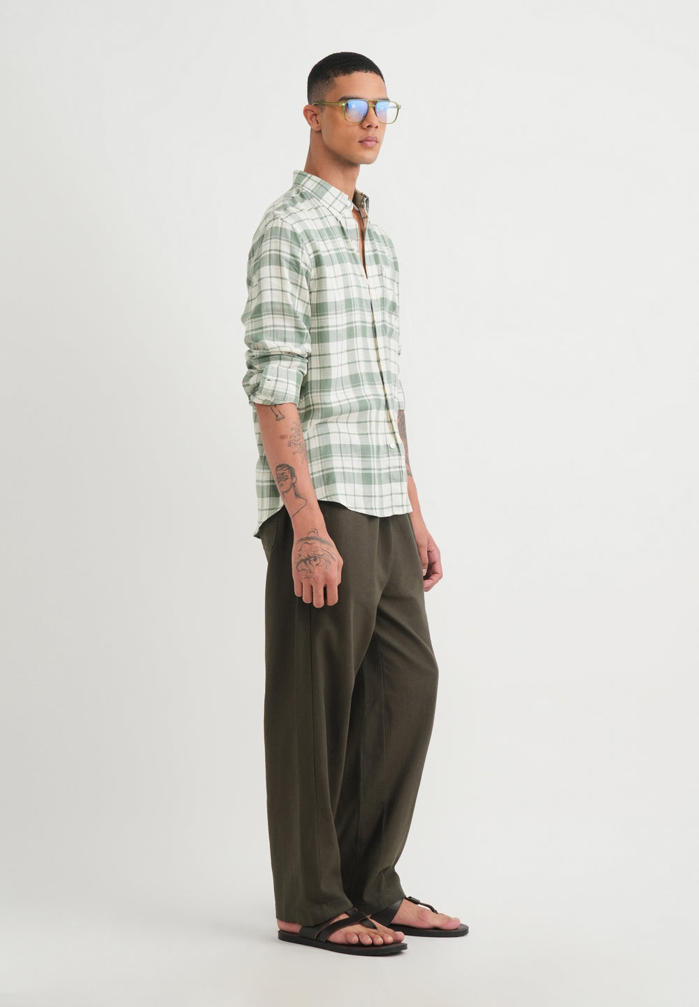Green Lyocell Linen Check Shirt