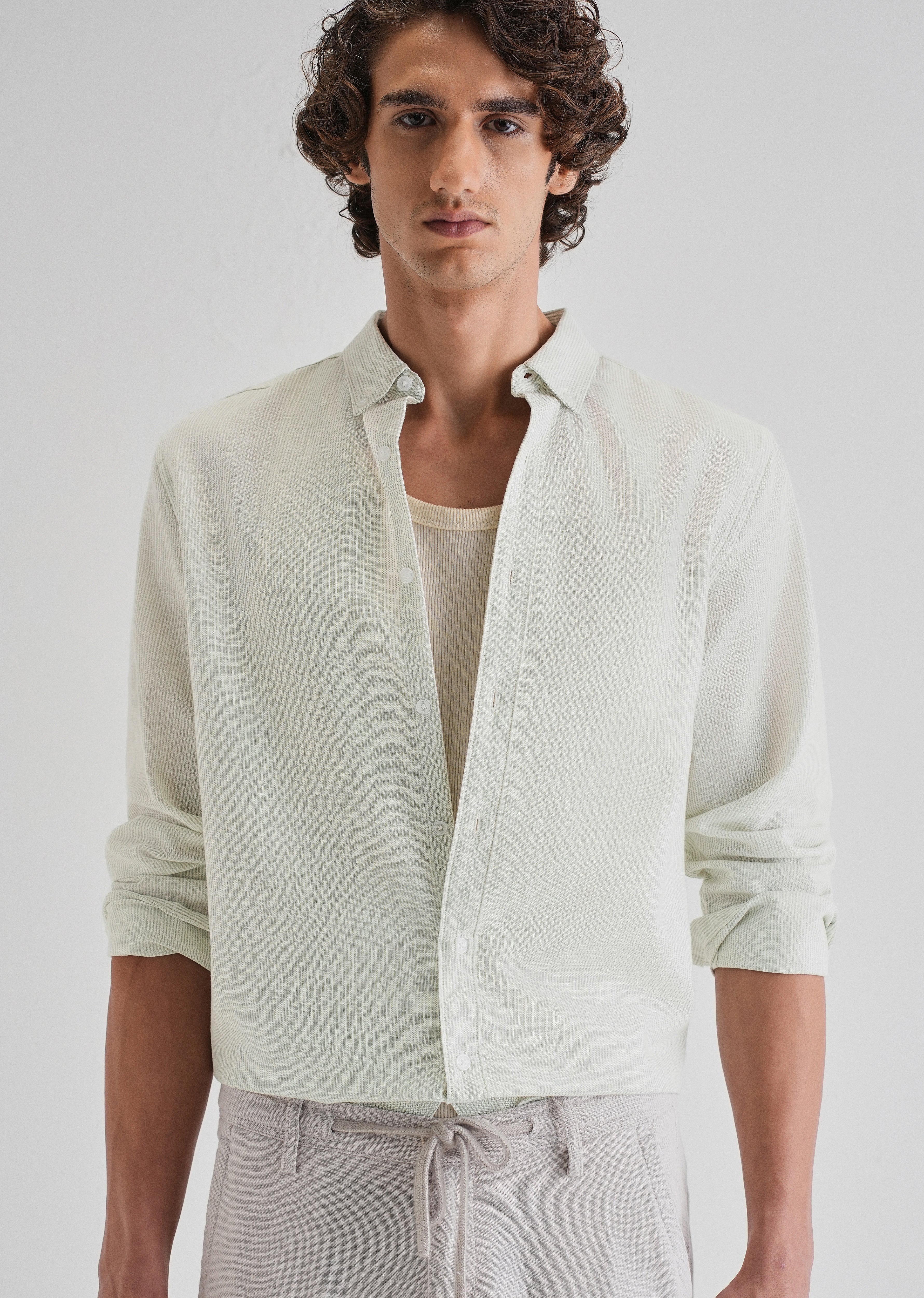 Green Micro Striped Blended Linen Shirt