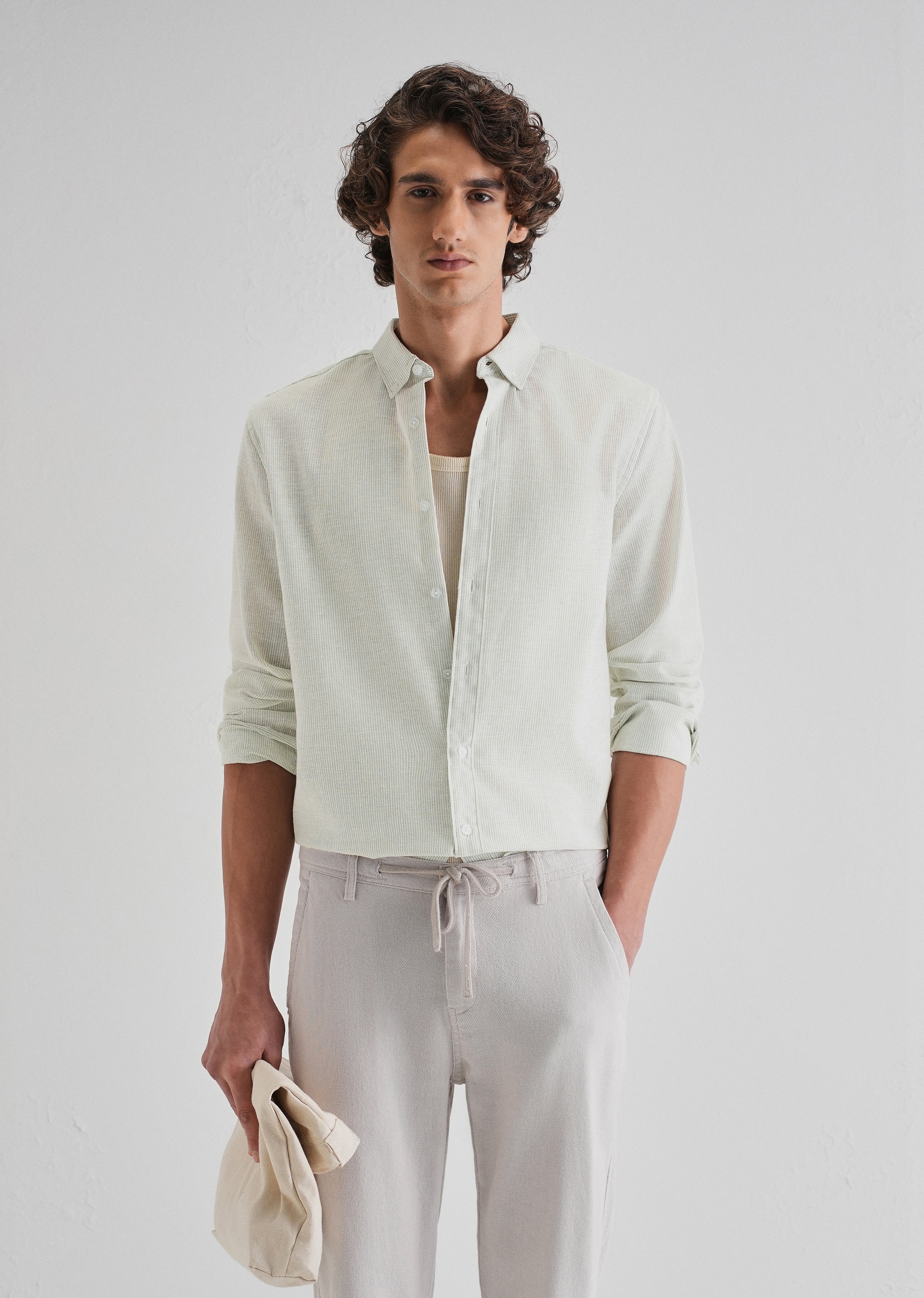 Green Micro Striped Blended Linen Shirt