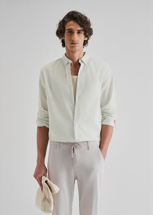 Green Micro Striped Blended Linen Shirt