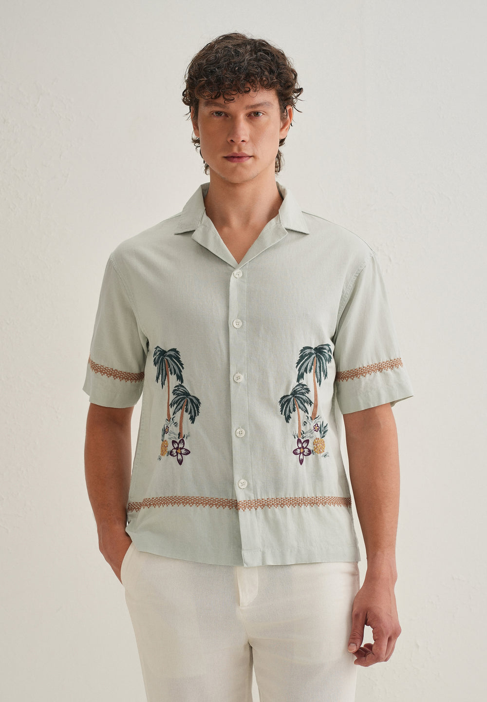 Green Palm Embroidered Cuban Collar Shirt