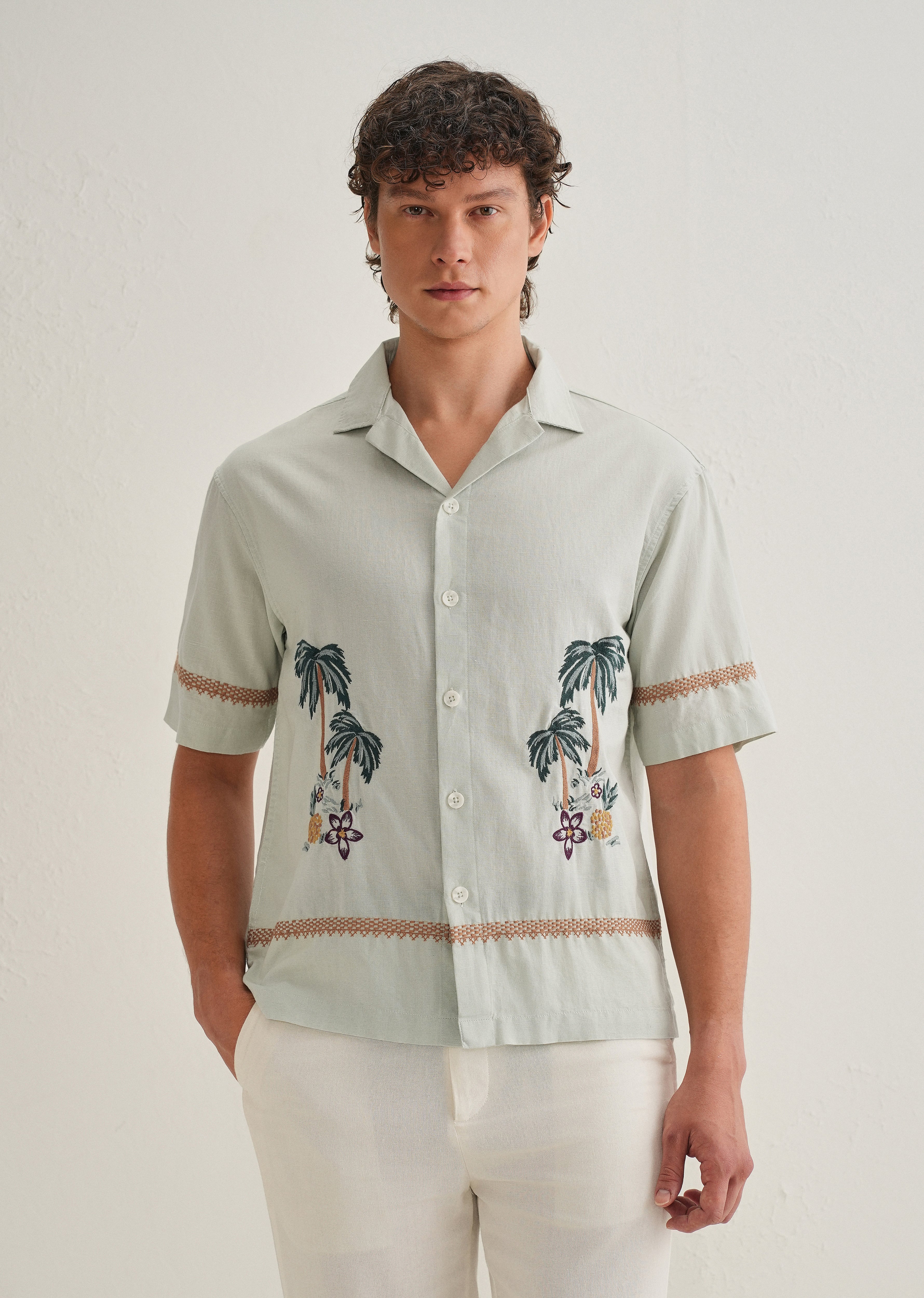 Green Palm Embroidered Cuban Collar Shirt