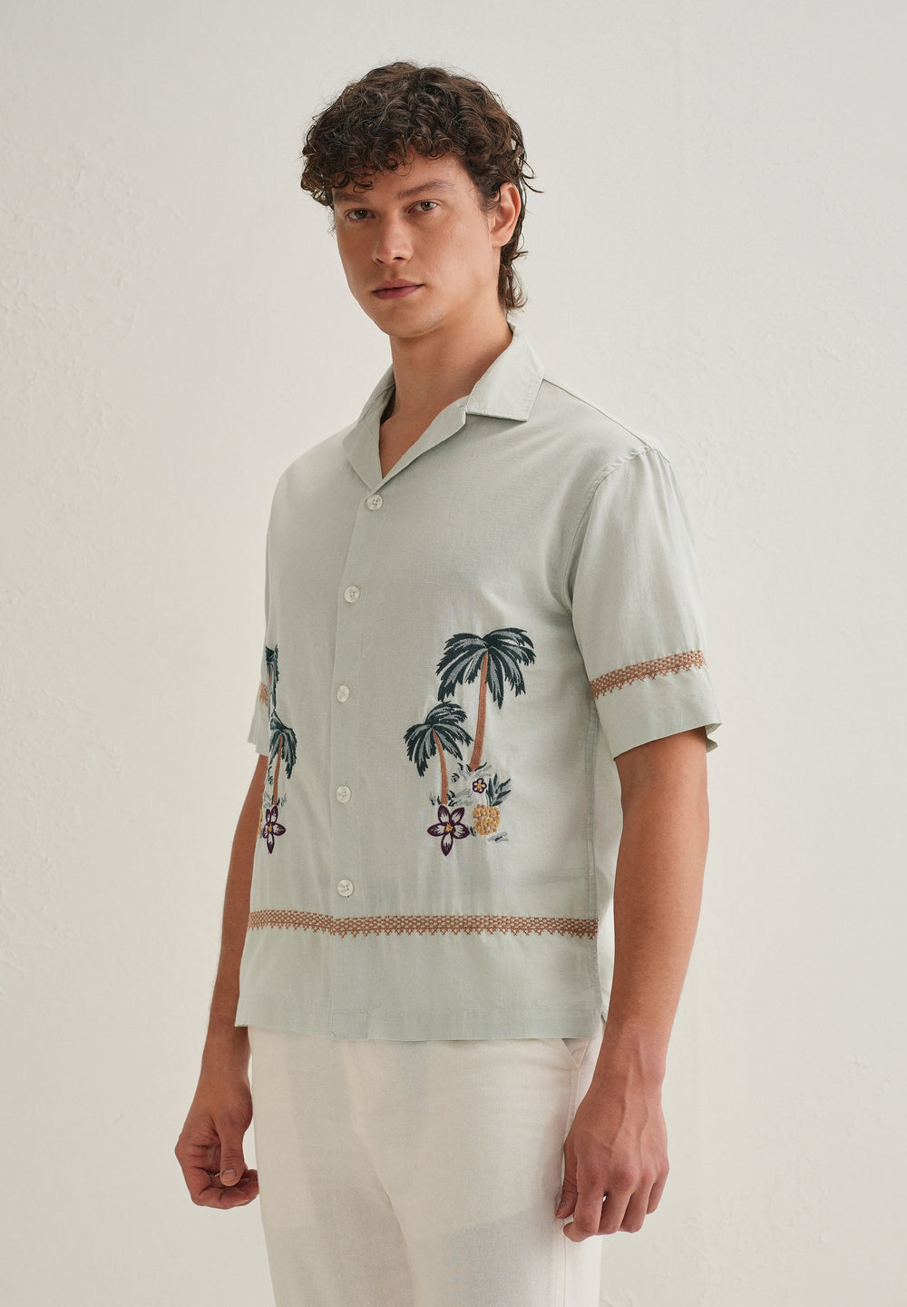 Green Palm Embroidered Cuban Collar Shirt