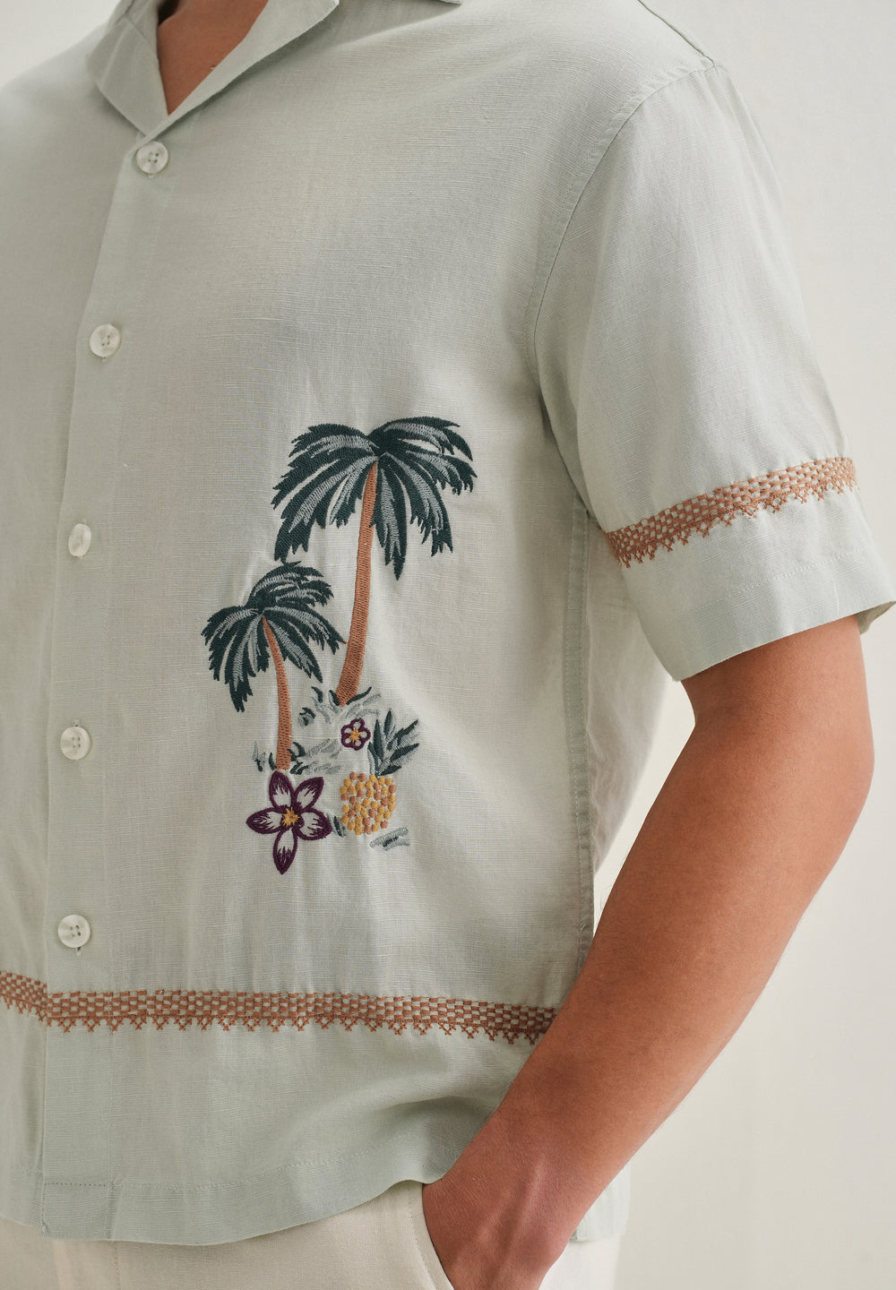 Green Palm Embroidered Cuban Collar Shirt