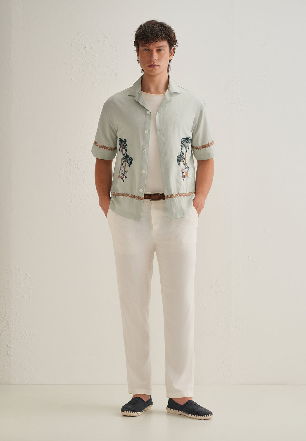 Green Palm Embroidered Cuban Collar Shirt