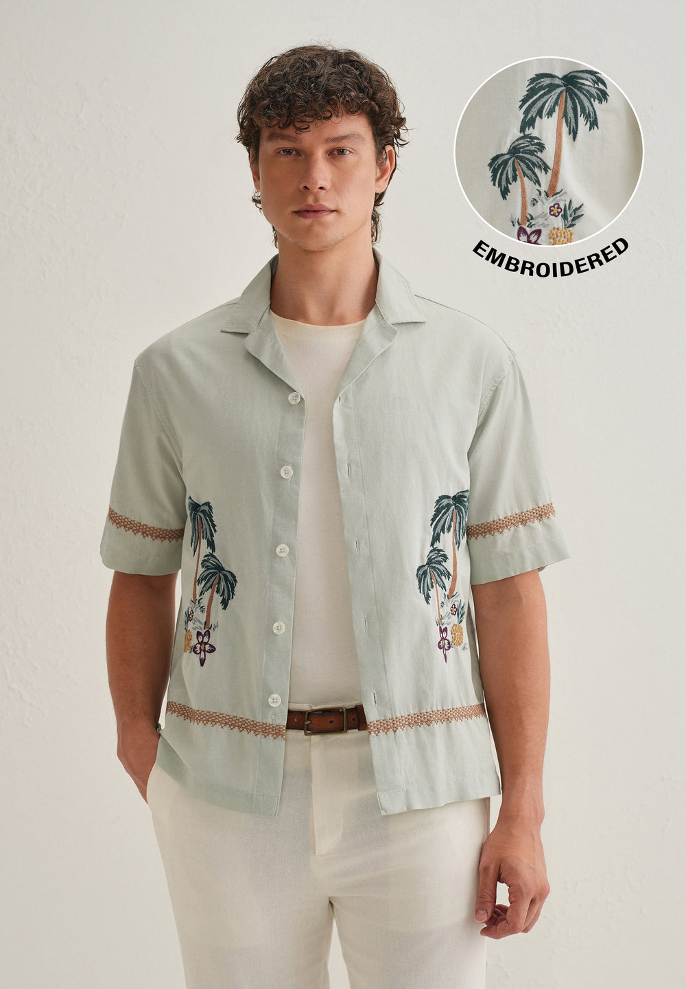 Green Palm Embroidered Cuban Collar Shirt
