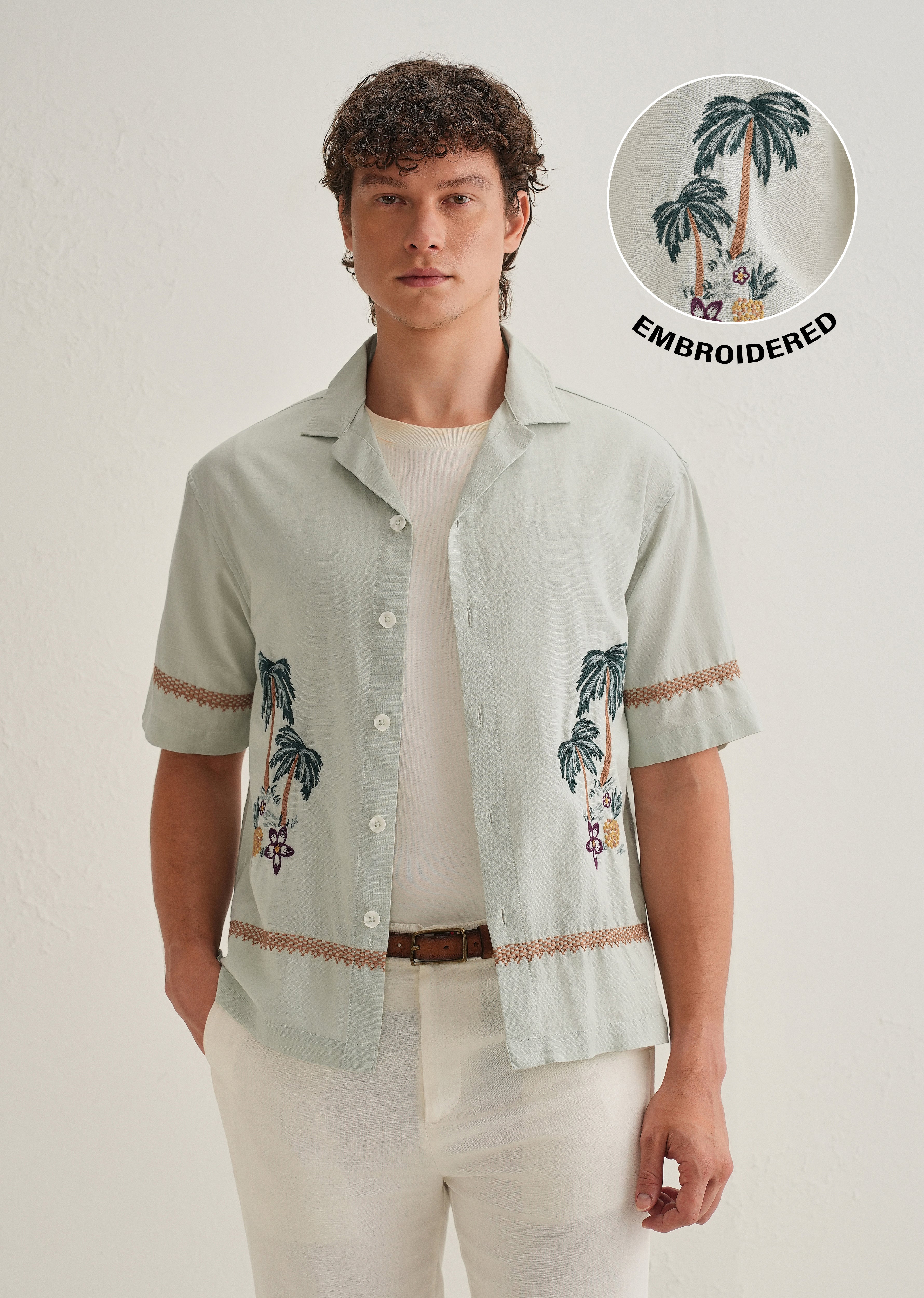 Green Palm Embroidered Cuban Collar Shirt