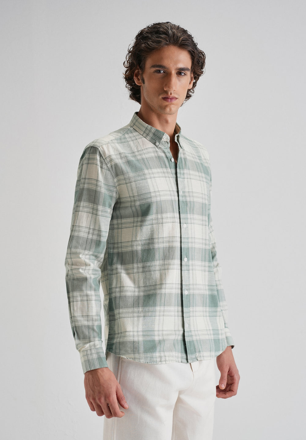 Green Plaid Checked Cotton Linen Shirt