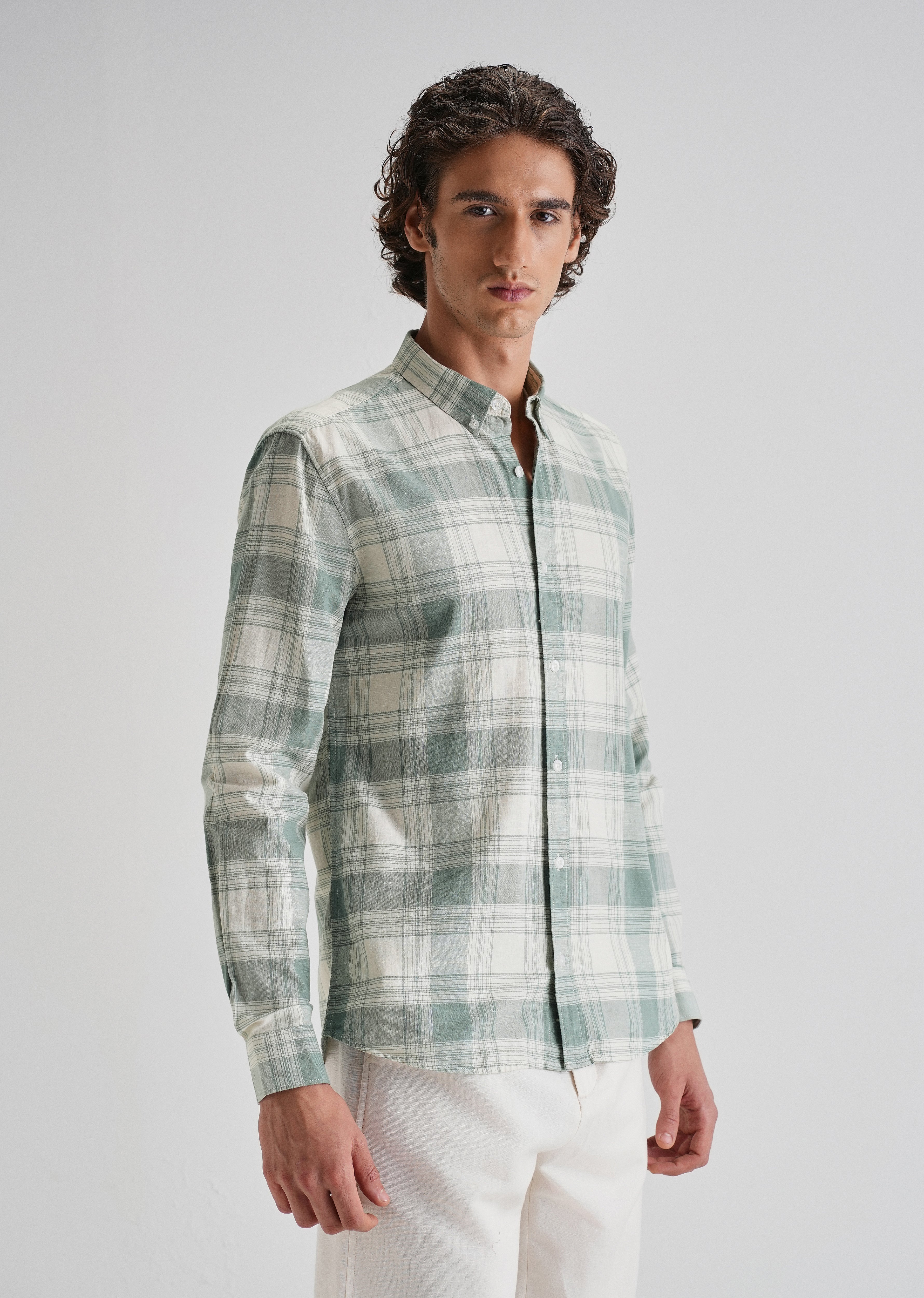 Green Plaid Checked Cotton Linen Shirt