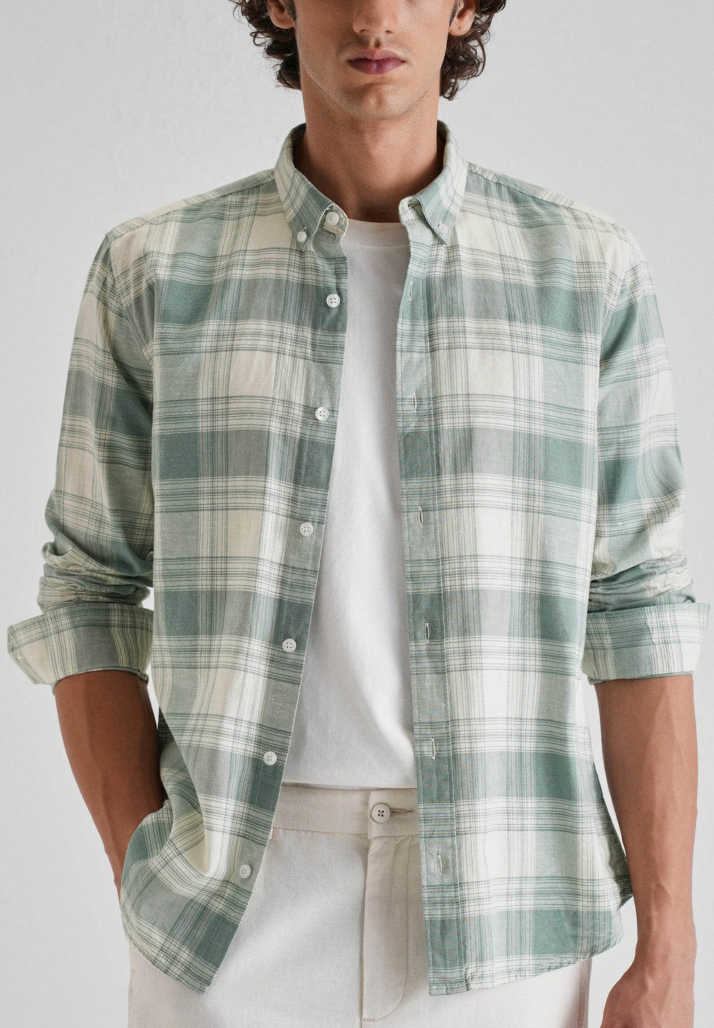 Green Plaid Checked Cotton Linen Shirt
