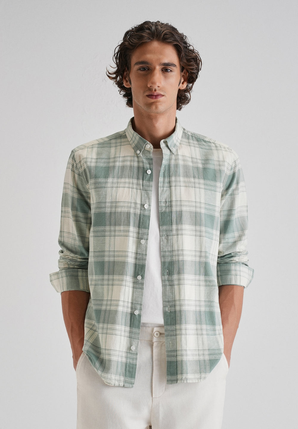 Green Plaid Checked Cotton Linen Shirt