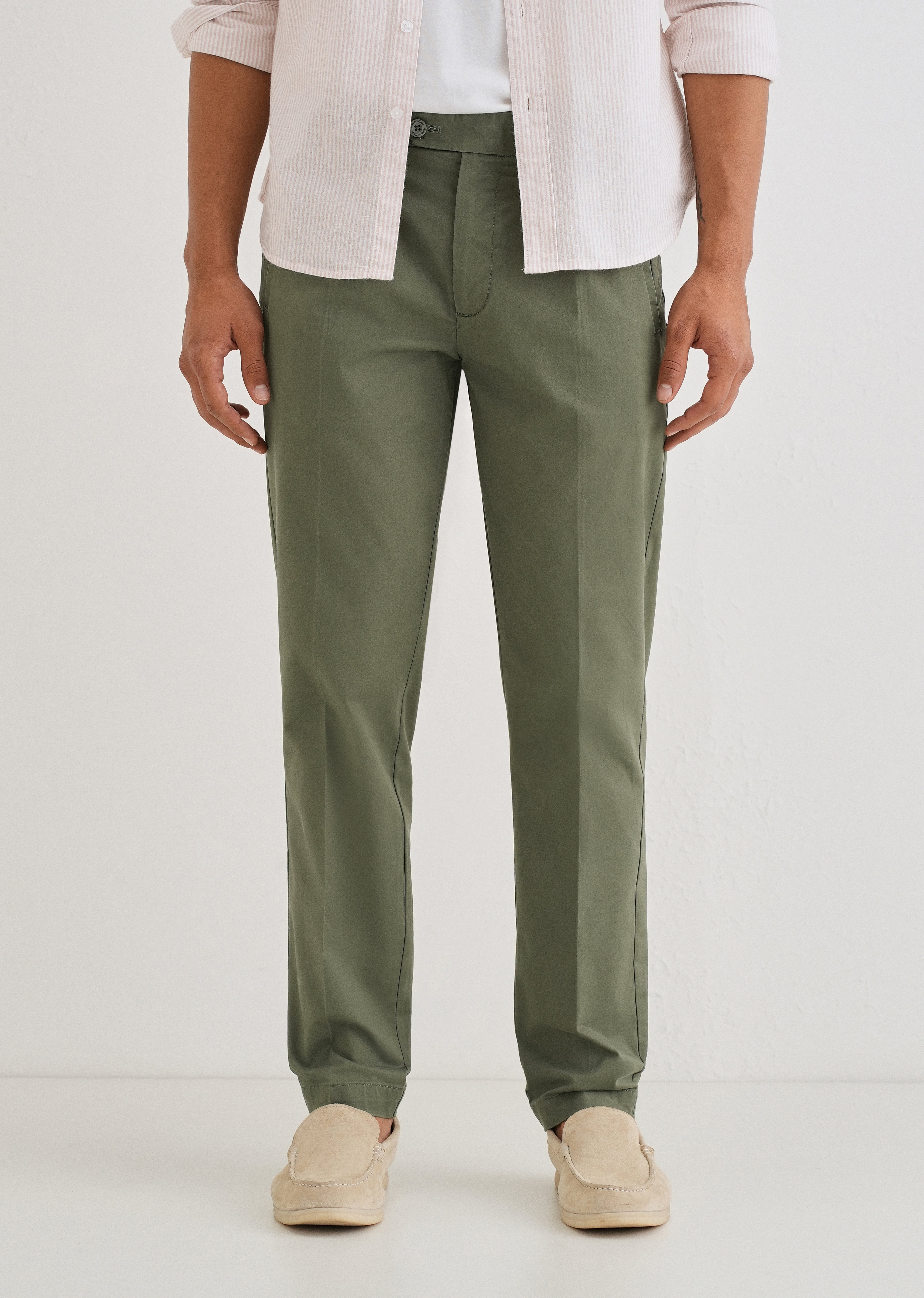 Green Plain Pleated Chinos