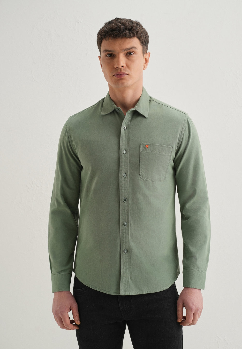 Green Plain Cotton Single Pocket Shirt