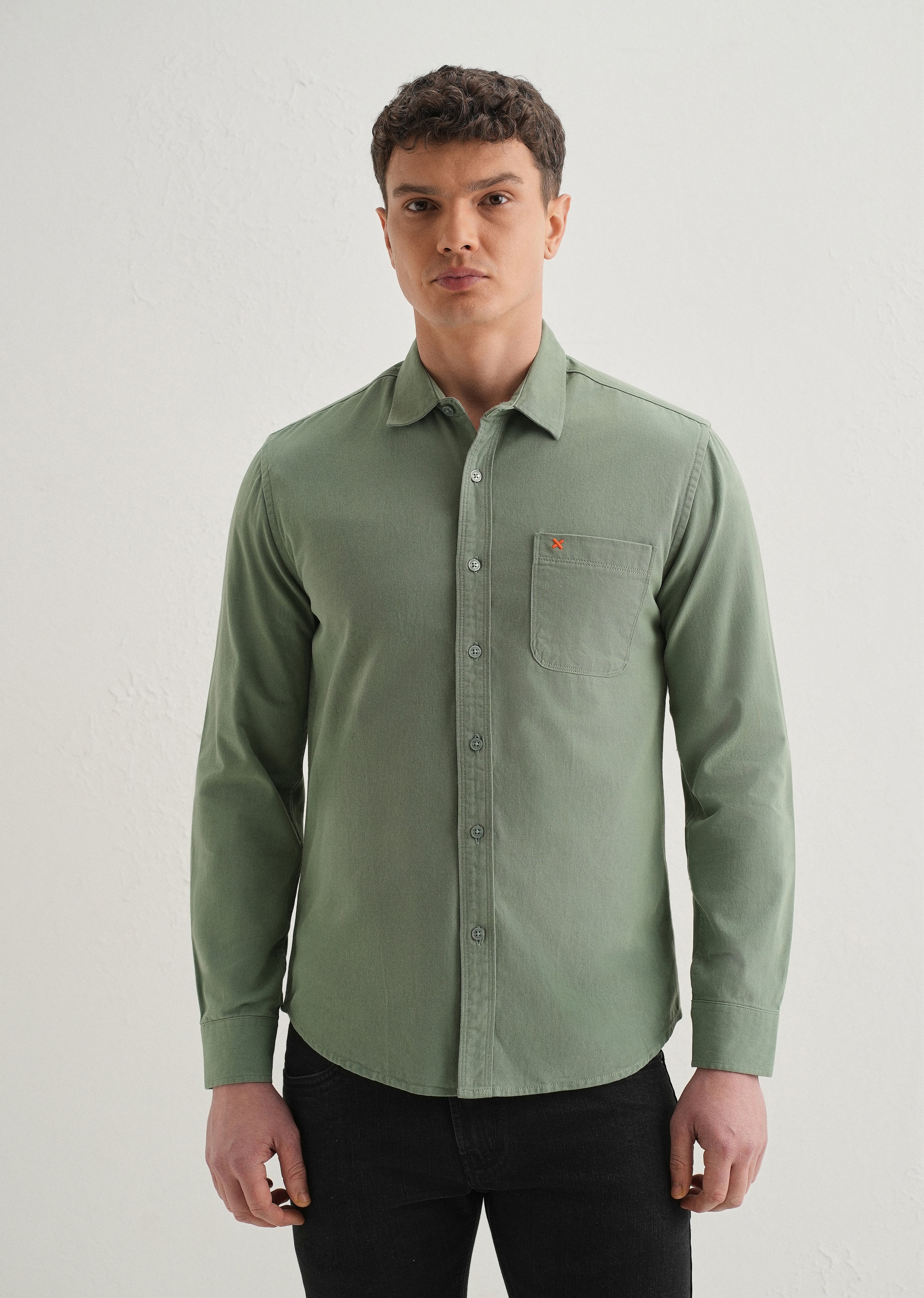 Green Plain Cotton Single Pocket Shirt