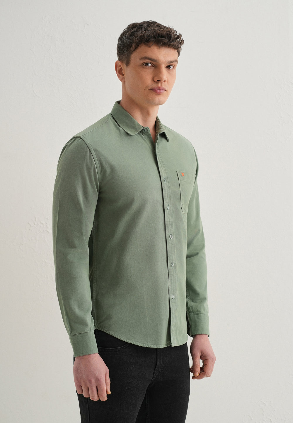 Green Plain Cotton Single Pocket Shirt