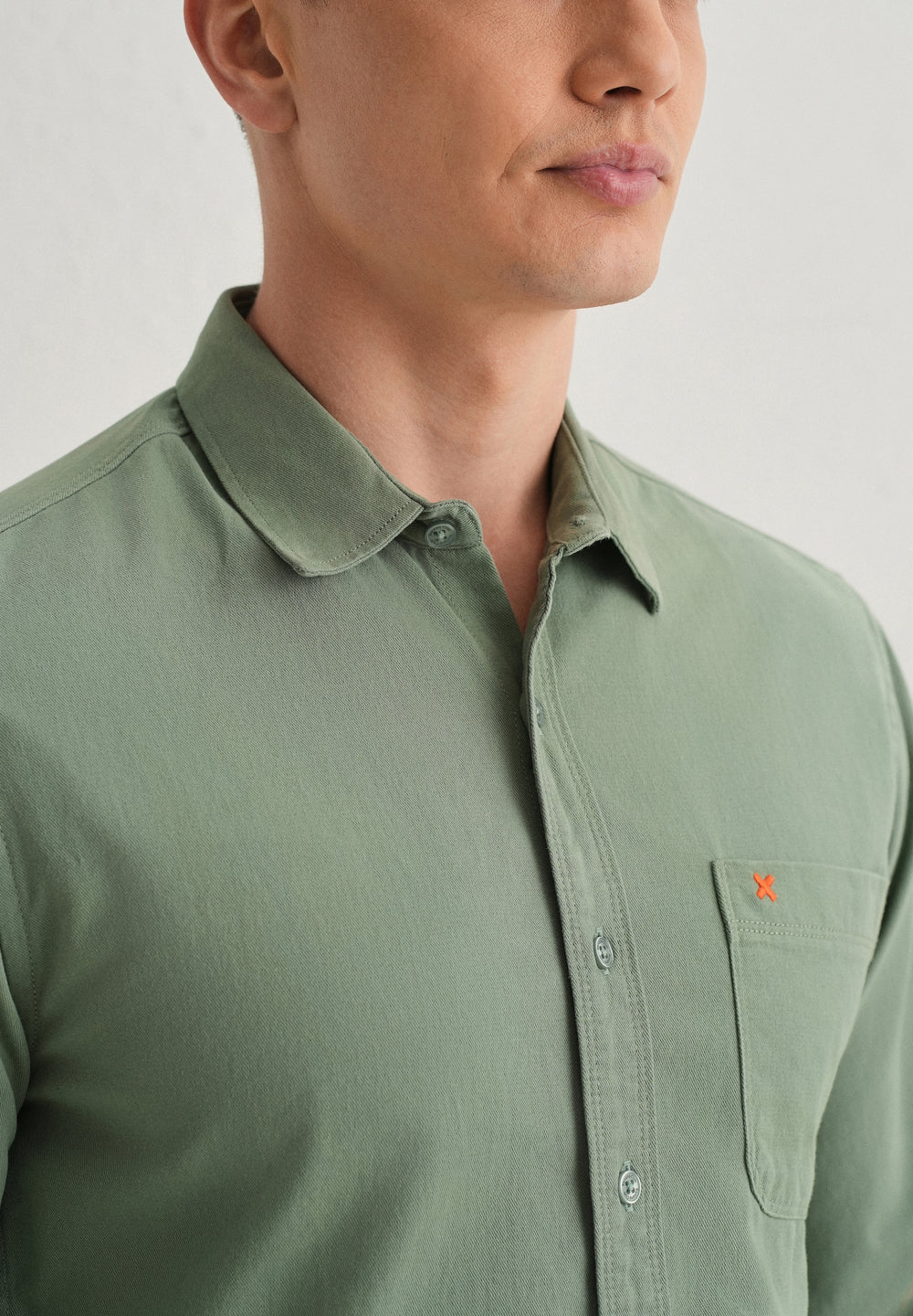 Green Plain Cotton Single Pocket Shirt