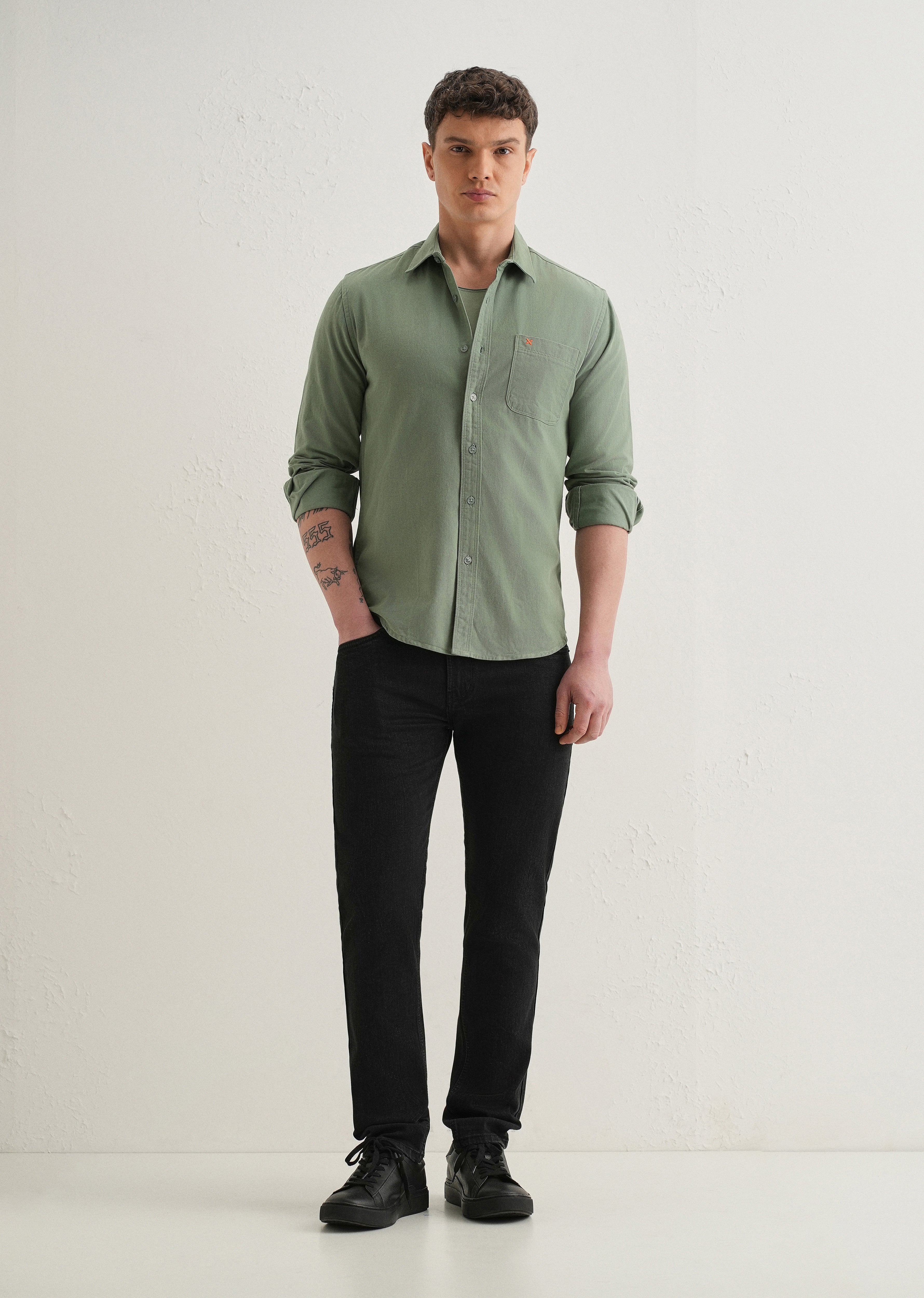 Green Plain Cotton Single Pocket Shirt