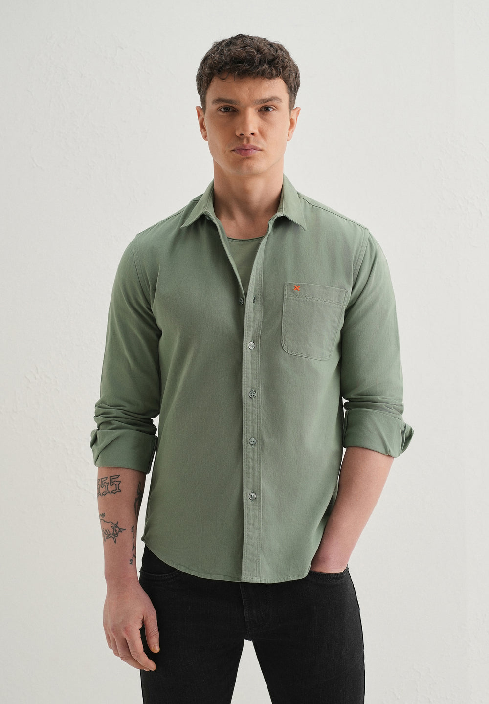 Green Plain Cotton Single Pocket Shirt