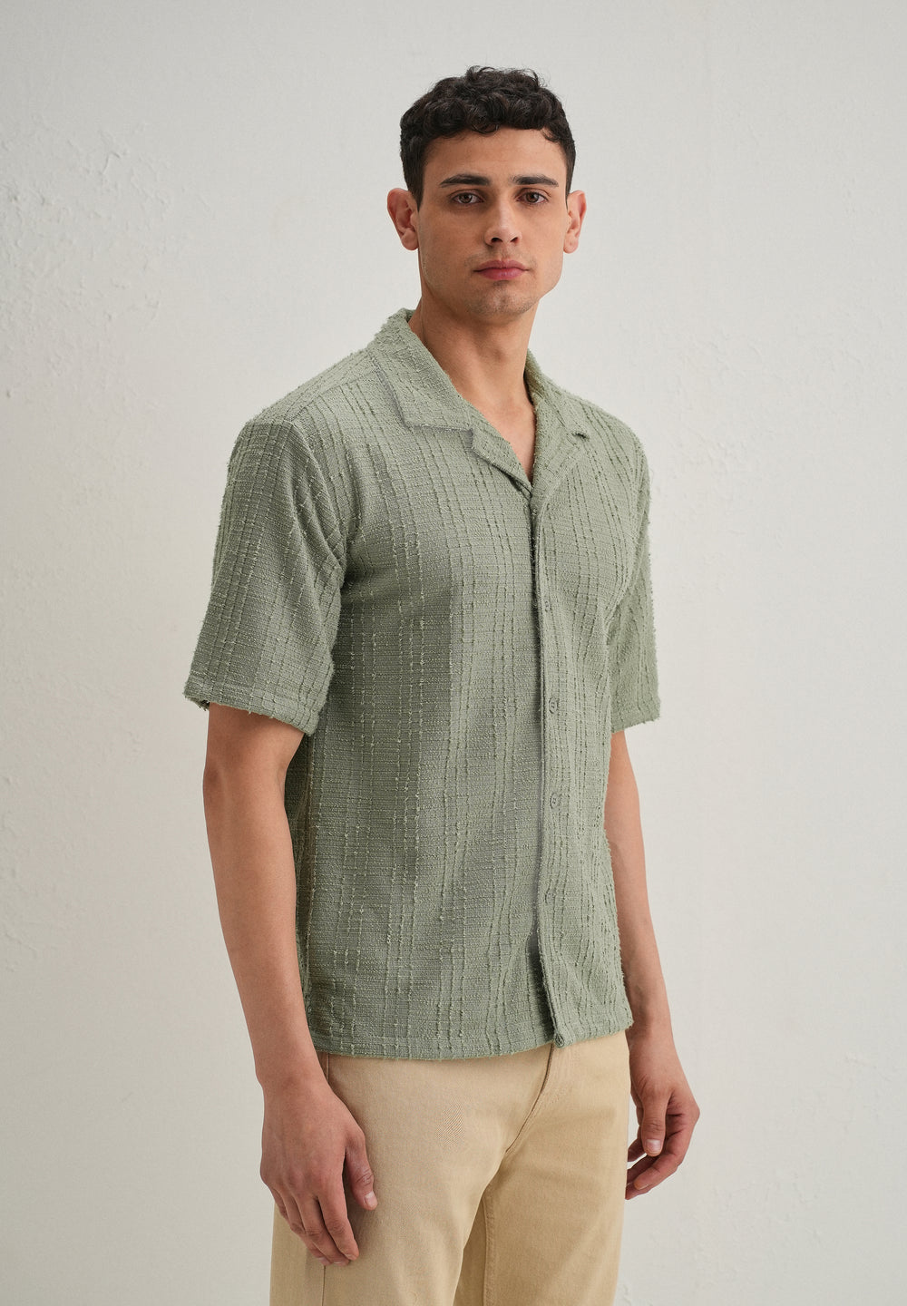 Green Plain Cuban Collar Knitted Shirt