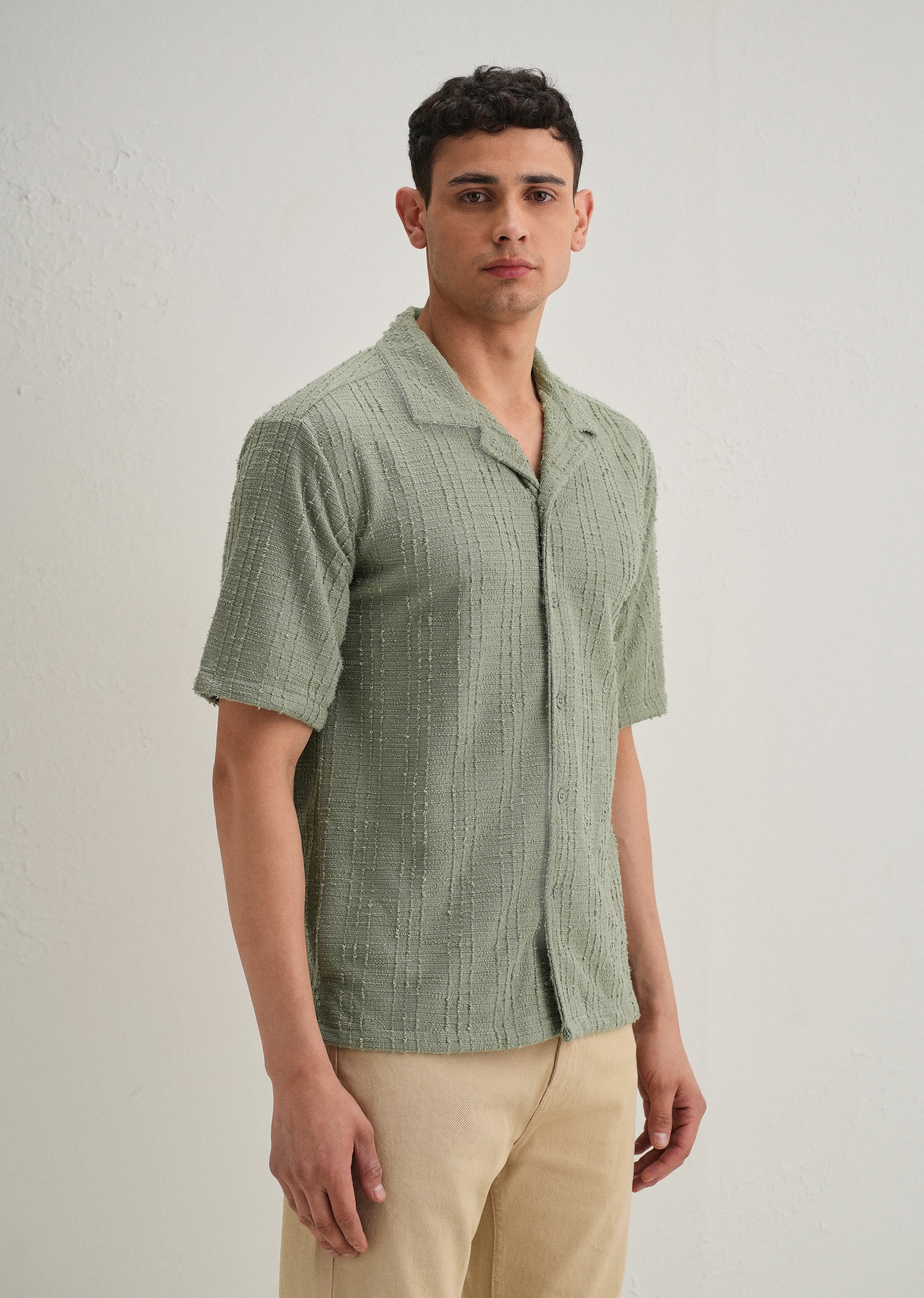 Green Plain Cuban Collar Knitted Shirt