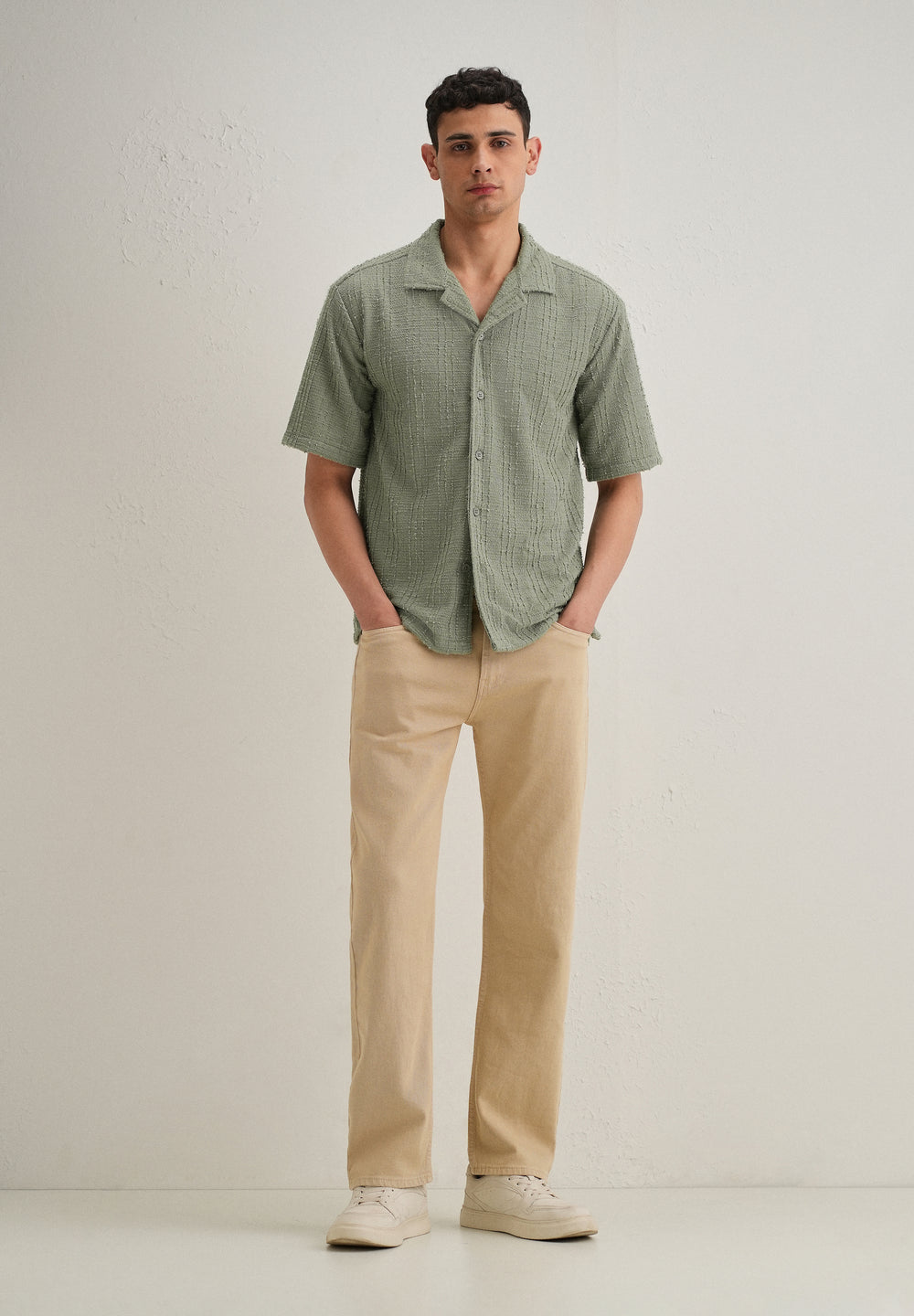 Green Plain Cuban Collar Knitted Shirt