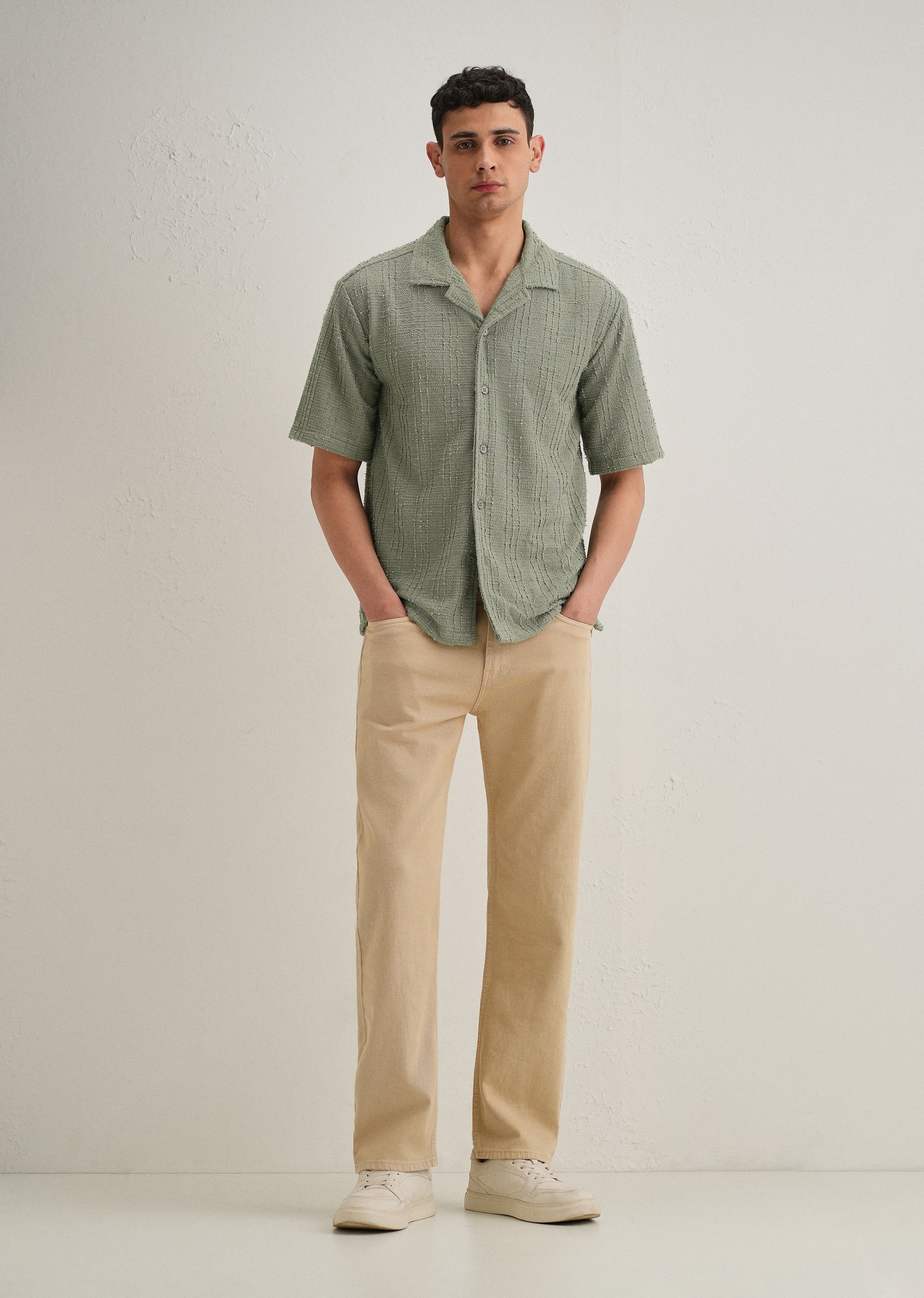 Green Plain Cuban Collar Knitted Shirt